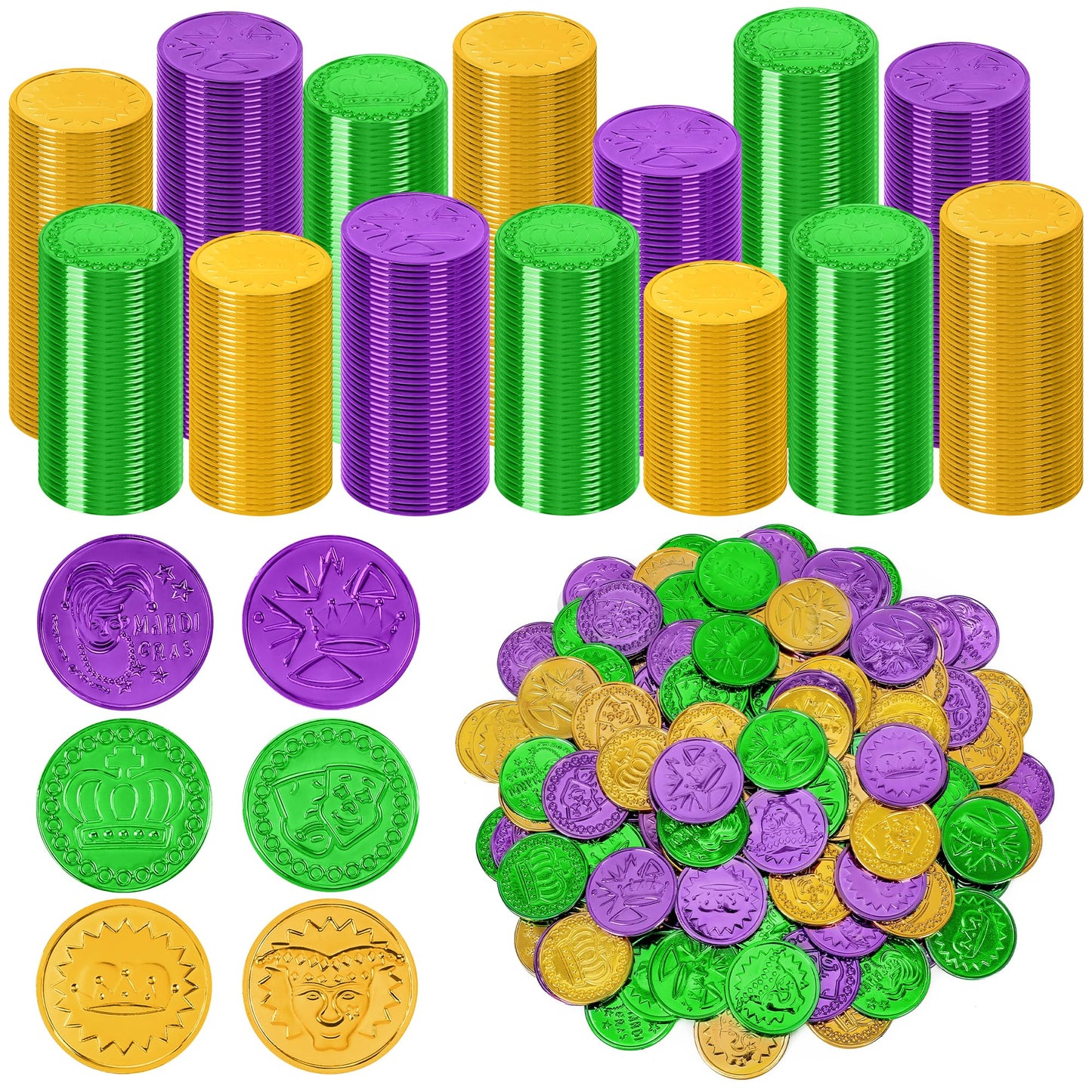 FULLIVE 200 Pcs Mardi Gras Decorations – 1.4in Purple Gold Green Coins with Masks and Crown Designs