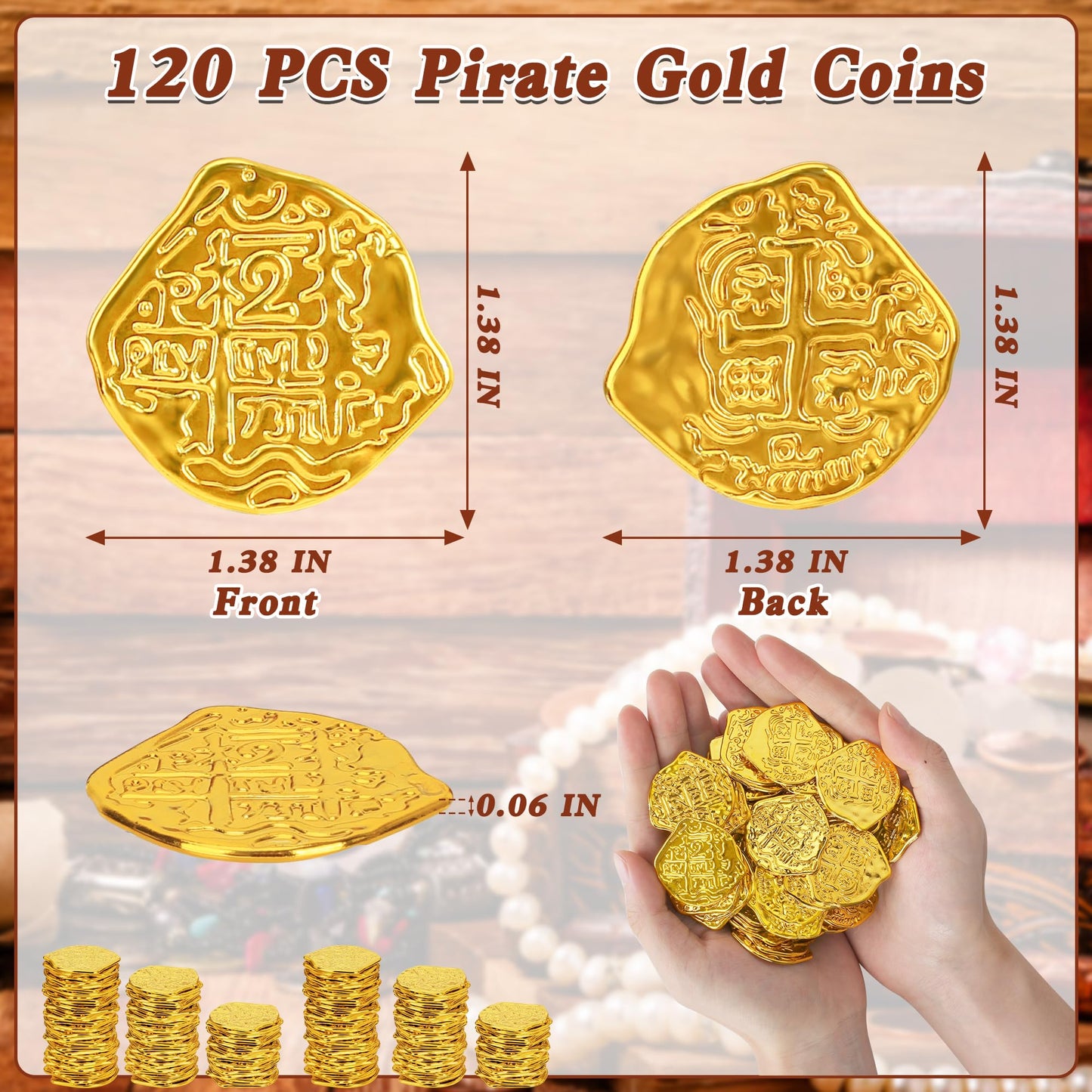 FULLIVE 120 PCS Pirate Coins – Plastic Gold Doubloons for Kids, Treasure Hunts & Pirate Party Decor