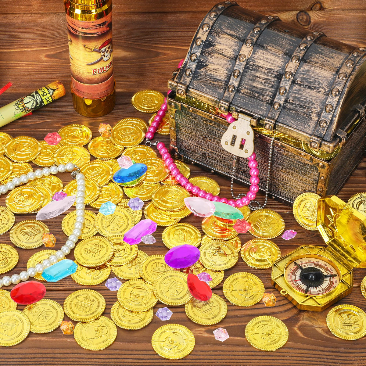 FULLIVE 300 PCS Pirate Halloween Coins – Gold Plastic Doubloons for Treasure Hunts