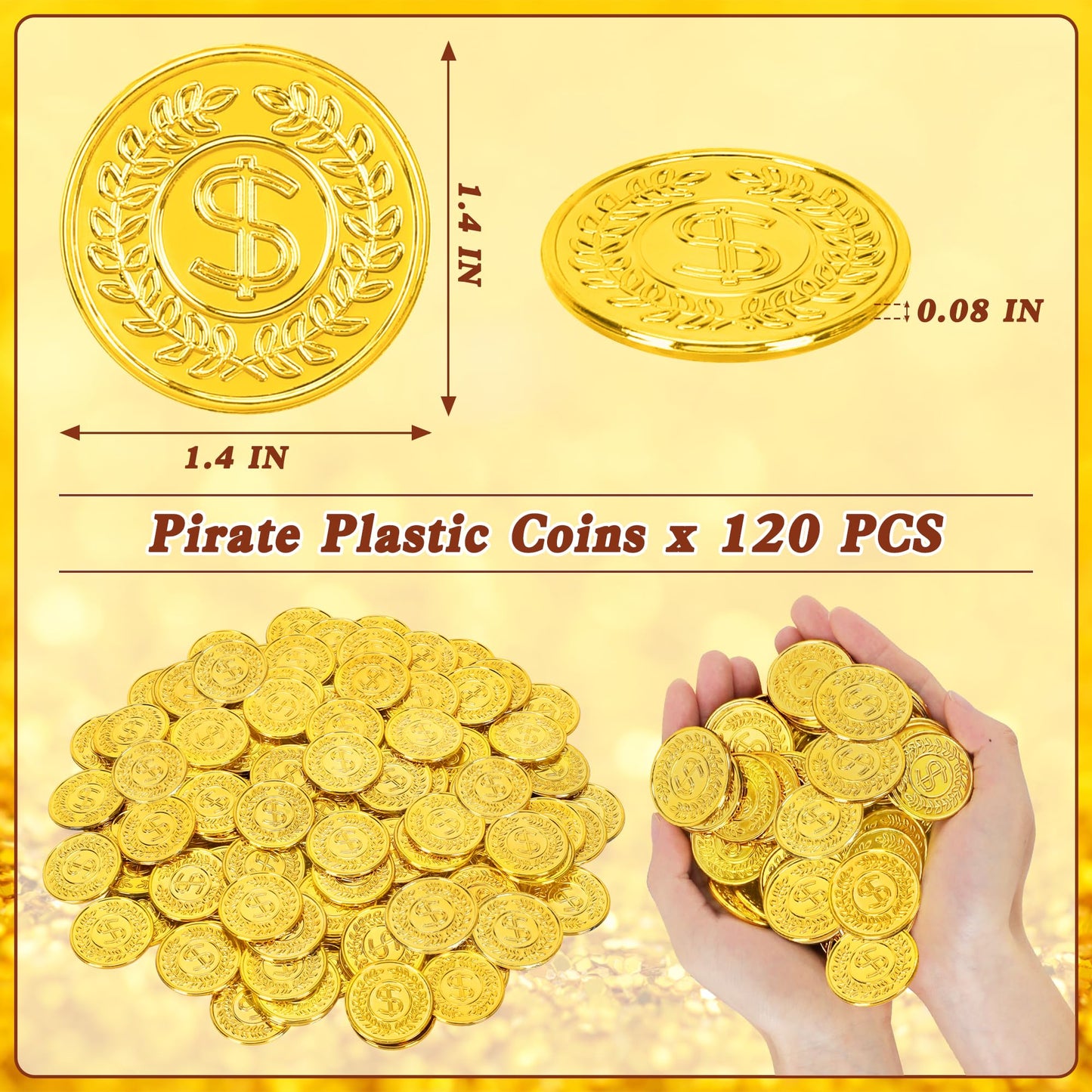 FULLIVE 120 Pcs Plastic Gold Coins – 1.4 in Pirate Treasure Tokens for Kids & Parties