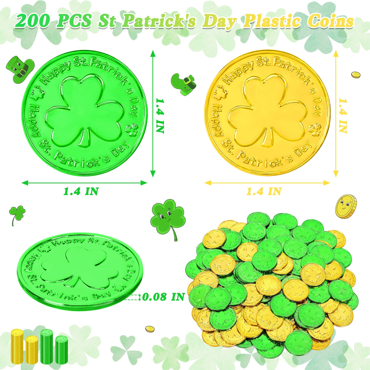 FULLIVE 200 PCS St Patrick's Day Shamrock Coins - 1.4in Gold & Green Plastic Decor