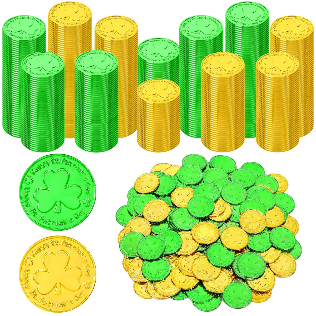 FULLIVE 200 PCS St Patrick's Day Shamrock Coins - 1.4in Gold & Green Plastic Decor