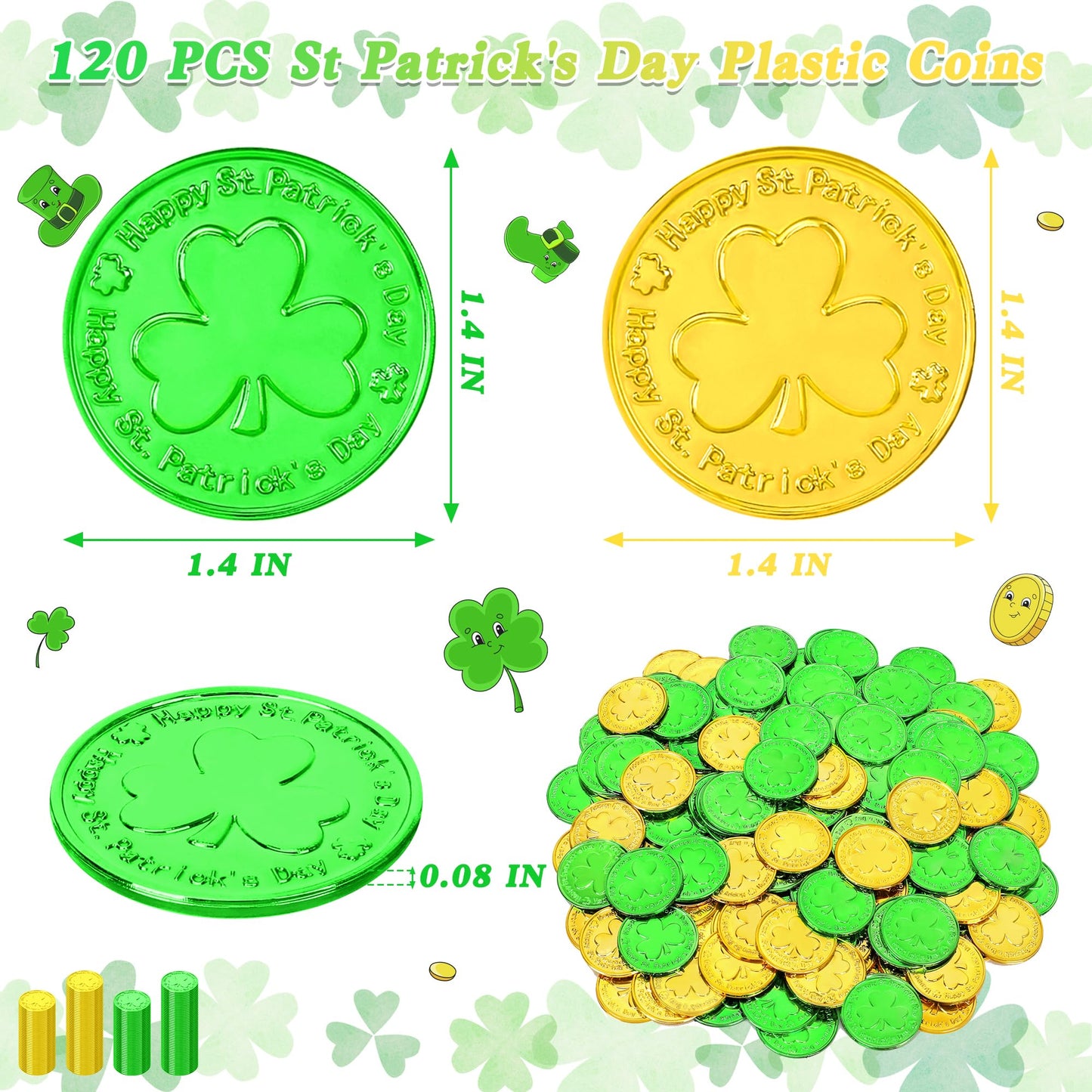 Fullive 120 PCS St Patrick's Day Coins — Gold & Green Shamrock Decor & Party Favors