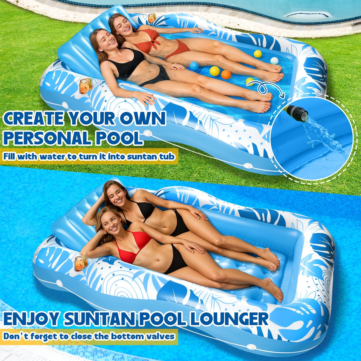 FULLIVE Tanning Pool Lounger – 80x61 inch 2-in-1 Sun Tub & Lounge Float