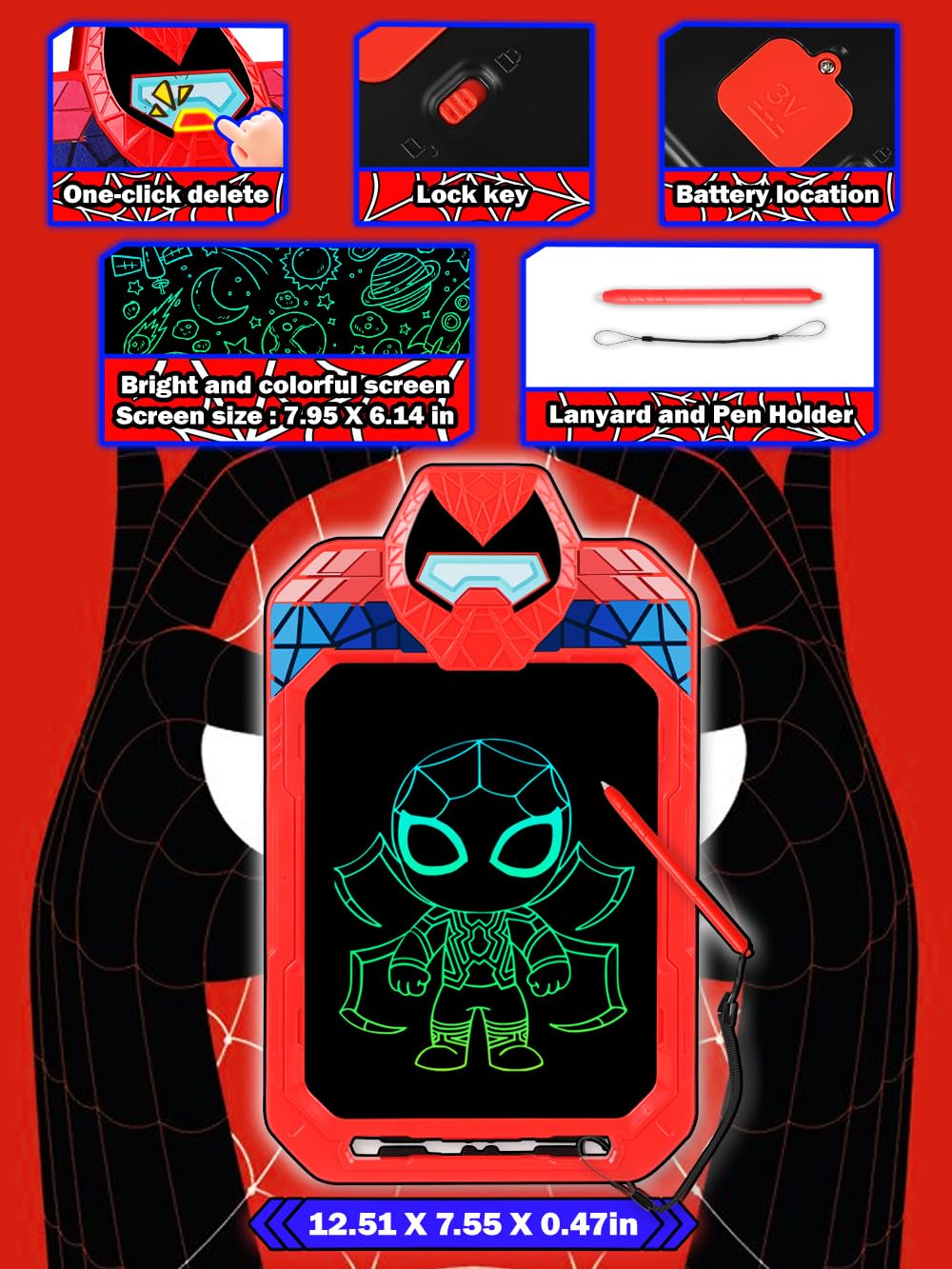 Fullware LCD Writing Tablet 10-inch Spider Hero for Kids – Doodle, Draw, Travel Toy
