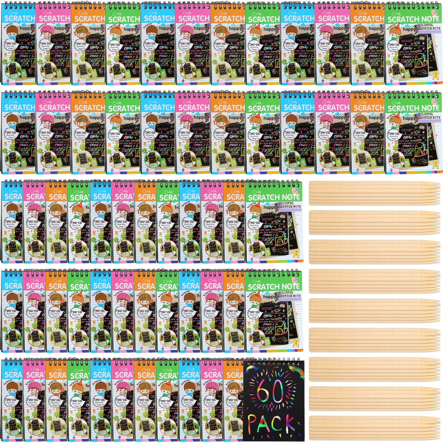 Fulmoon 60 Pcs Scratch Note Pads with Wooden Stylus – Rainbow Color Reveal Craft Kits