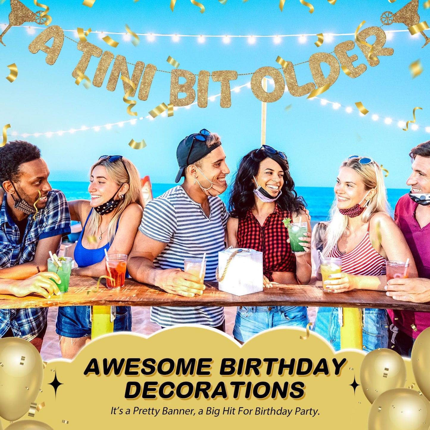 Fulmoon Pre Strung A Tini Bit Older Banner – Glitter Martini Party Decorations (Champagne Gold)