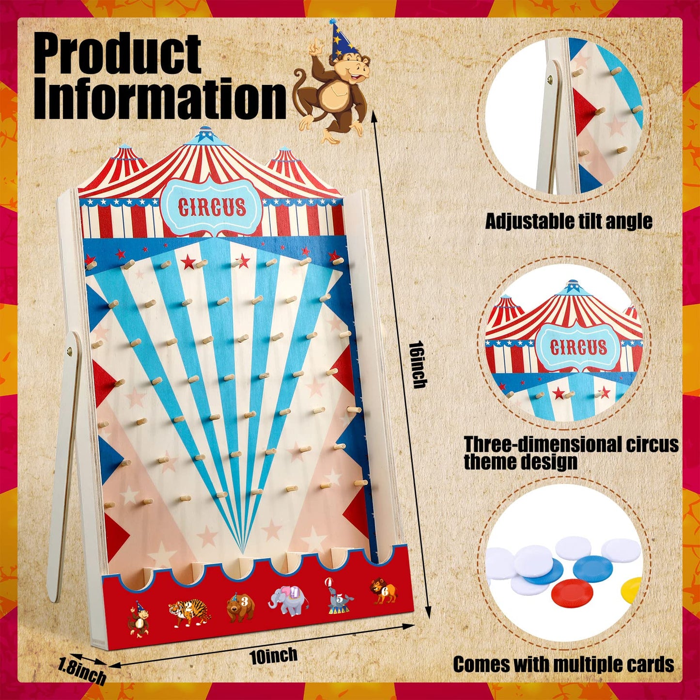 Fulmoon Disk Drop Game – 8-Disk Carnival Circus Wood Party Game (15.7 x 10 in)