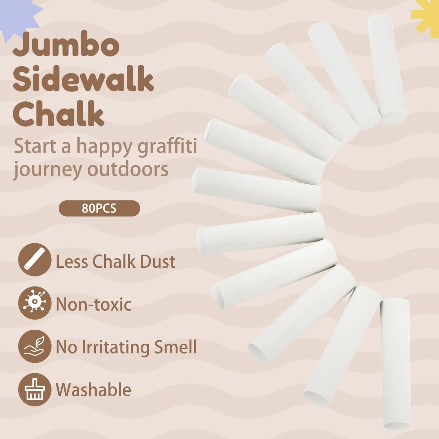 Fulmoon 80 Pcs Jumbo Sidewalk Chalk Bulk – Washable Outdoor Chalk for Kids & Adults (White)