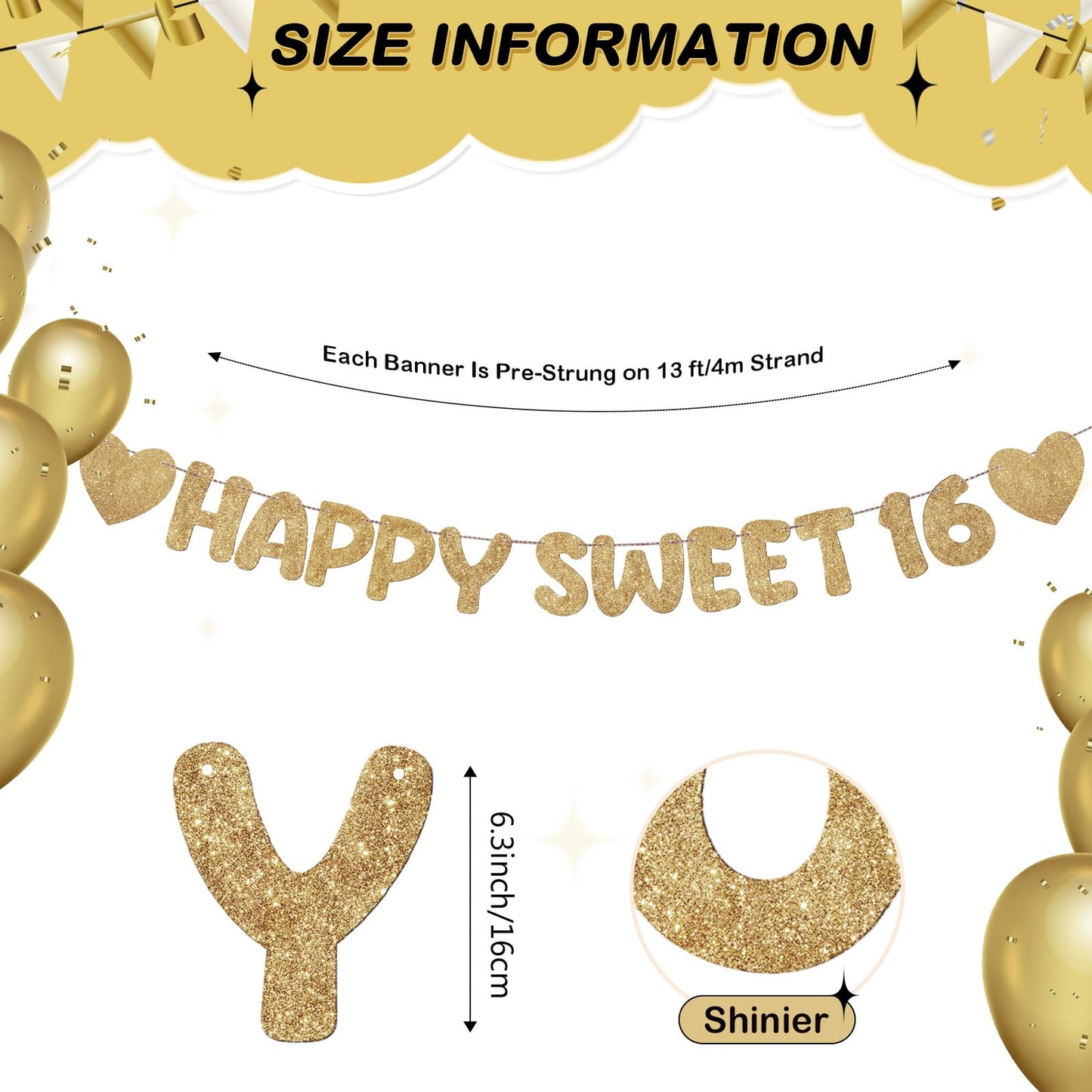 Fulmoon Pre Strung Happy Sweet 16 Banner – Champagne Gold Glitter Birthday Decor