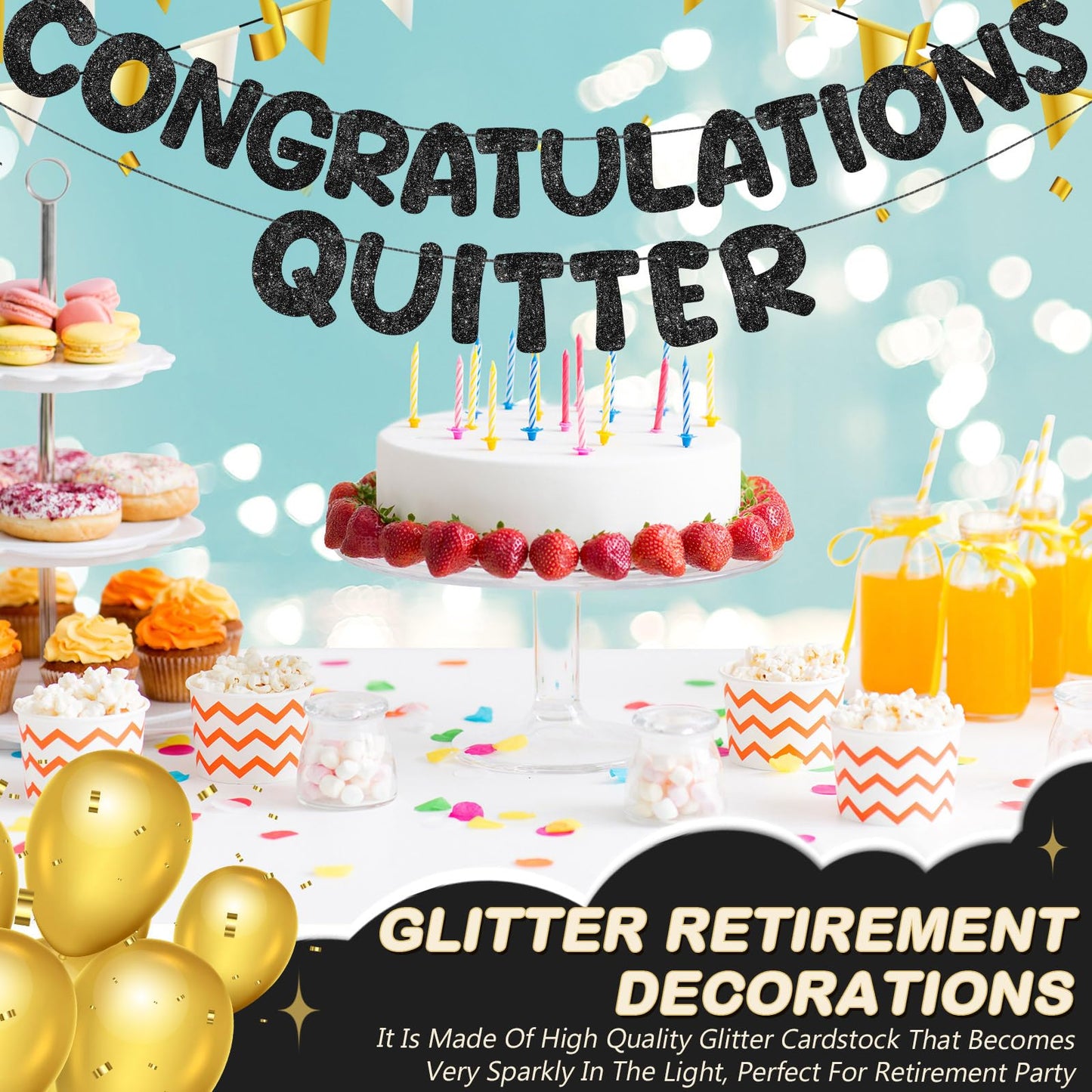 Fulmoon Pre Strung Congratulations Quitter Glitter Banner – Retirement & Graduation Decor (Black)