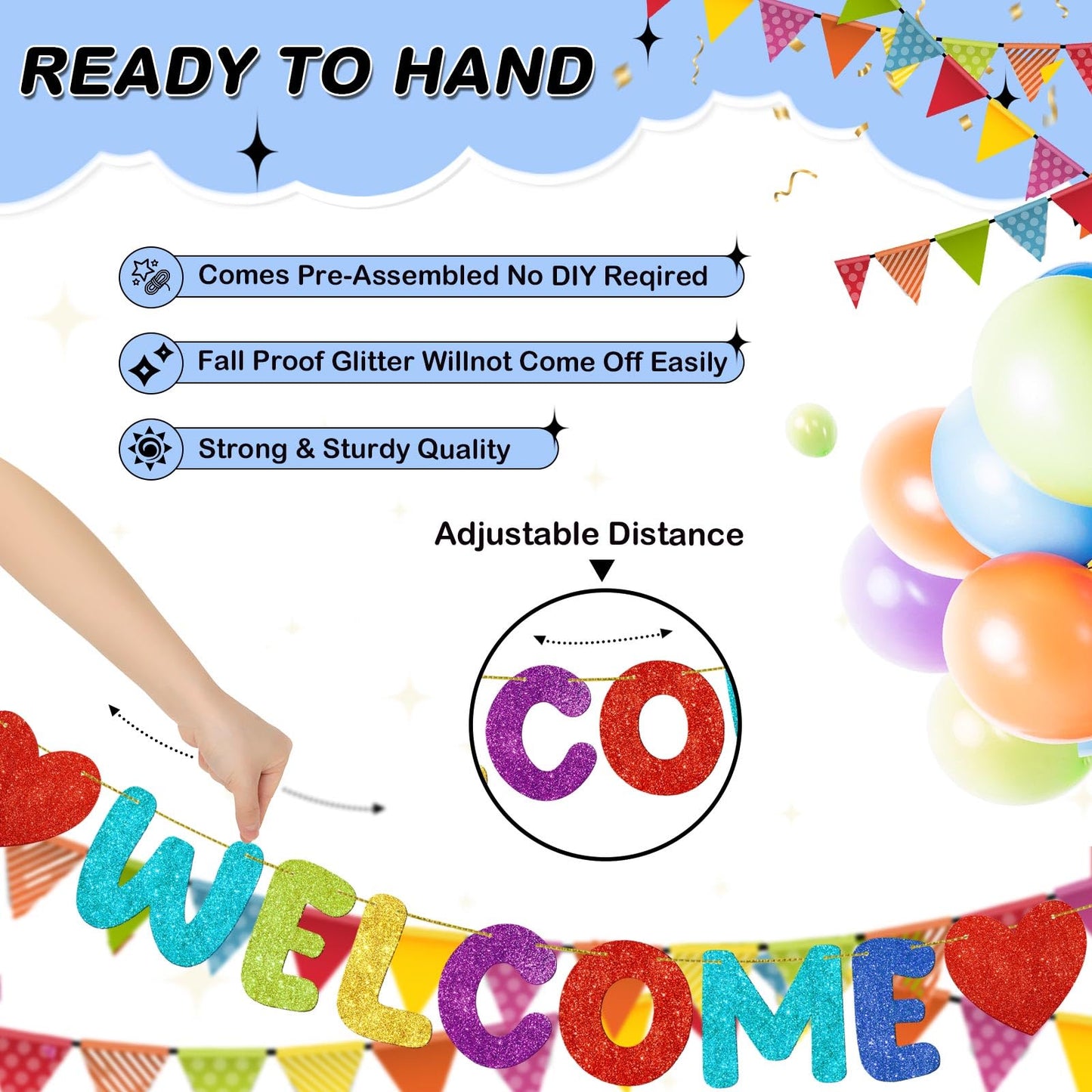 Fulmoon Pre Strung Welcome Banner with Two Heart Signs | Colorful Office Welcome Decor
