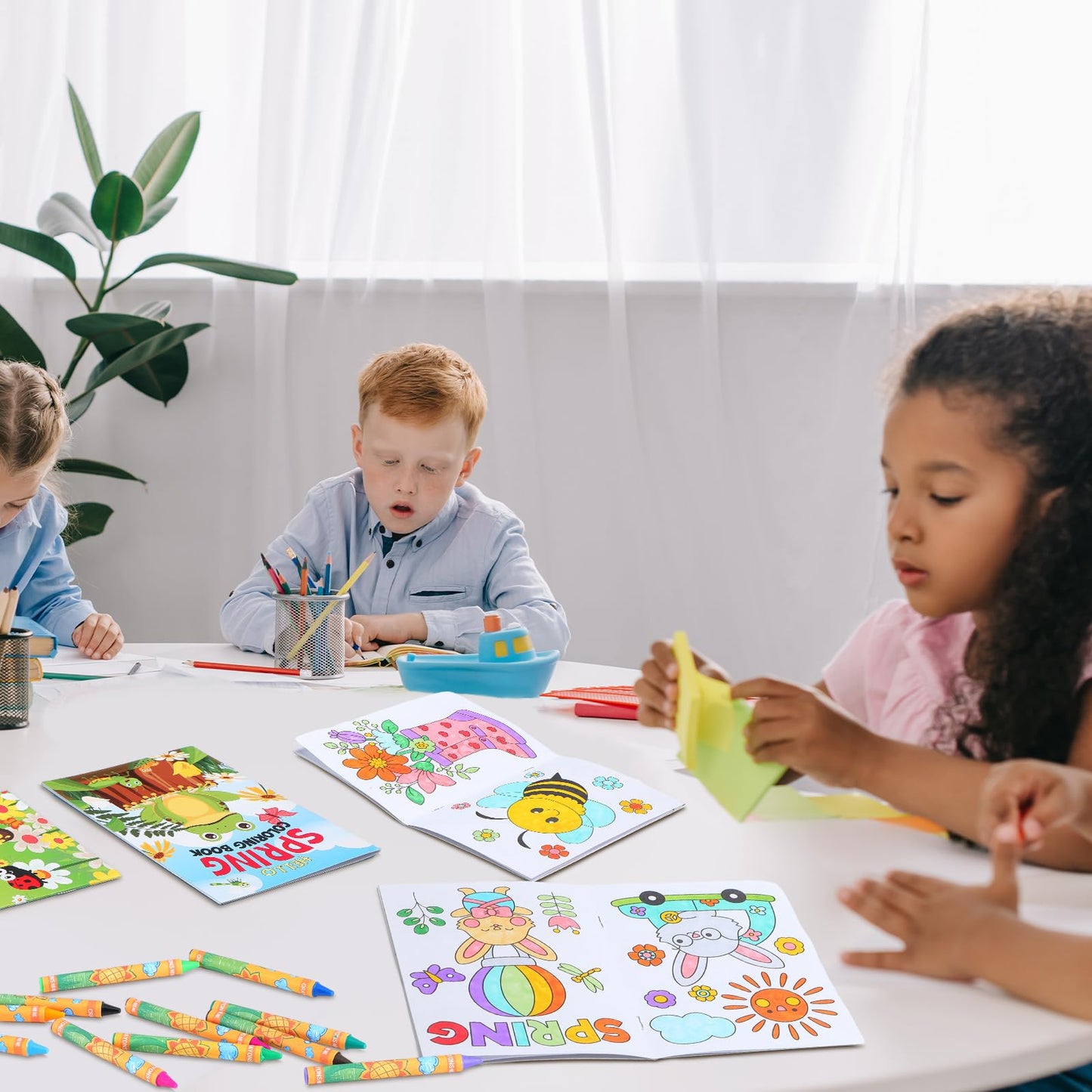 Fulmoon 144 Pcs Spring Mini Coloring Books with Crayons Set | Party Favors & Travel Activities