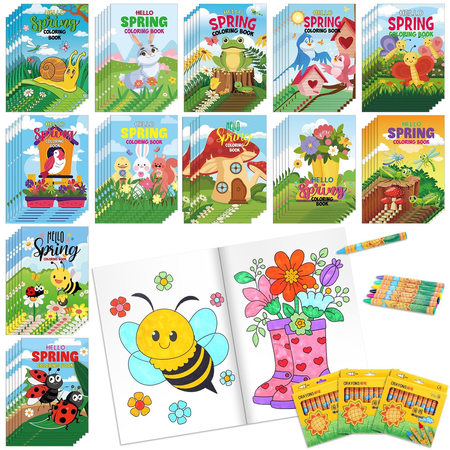 Fulmoon 144 Pcs Spring Mini Coloring Books with Crayons Set | Party Favors & Travel Activities