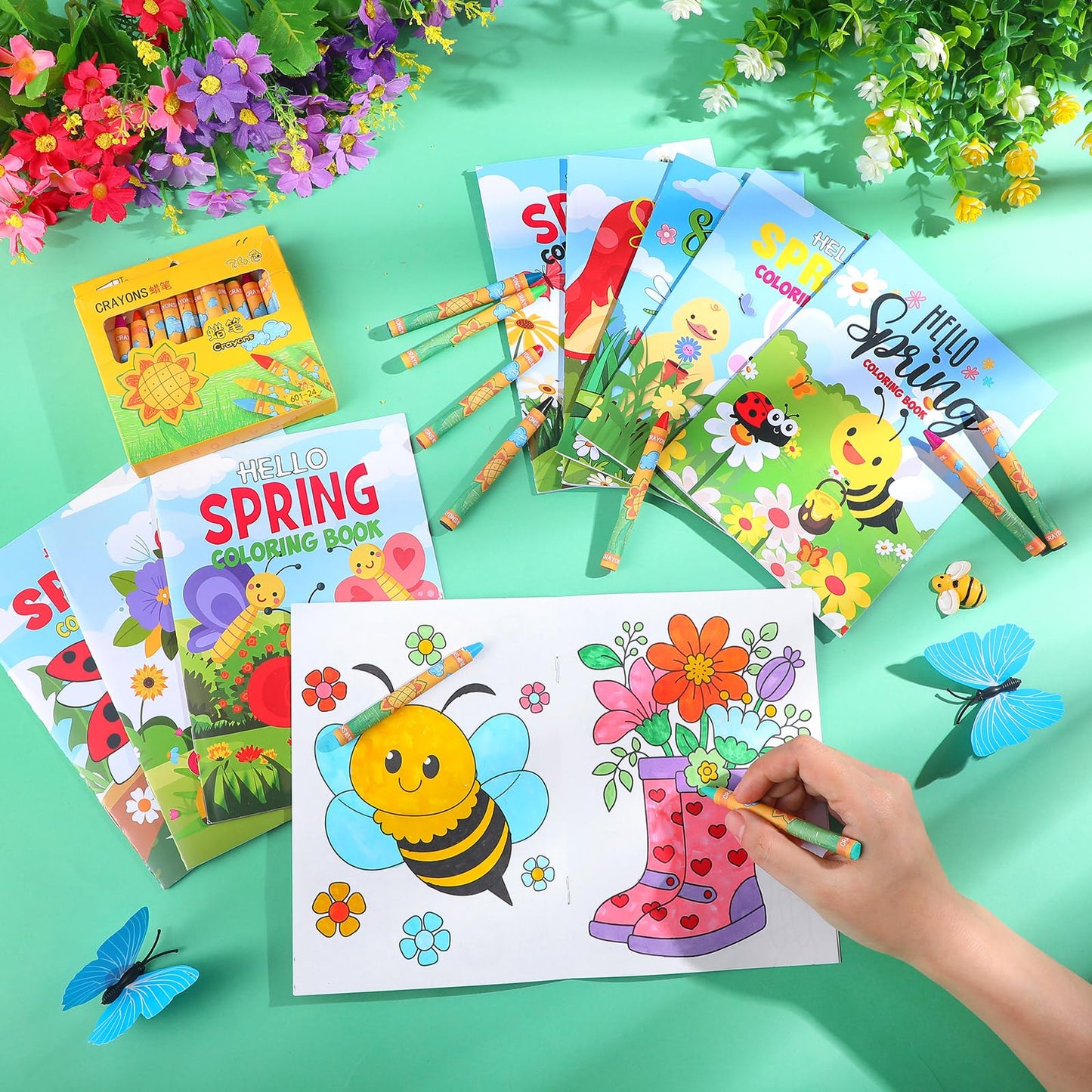 Fulmoon 144 Pcs Spring Mini Coloring Books with Crayons Set | Party Favors & Travel Activities
