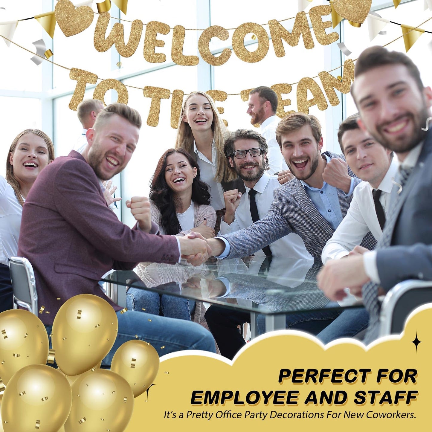 Fulmoon Pre Strung Welcome to the Team Banner – Champagne Gold, No DIY Needed | Glitter Office Decor