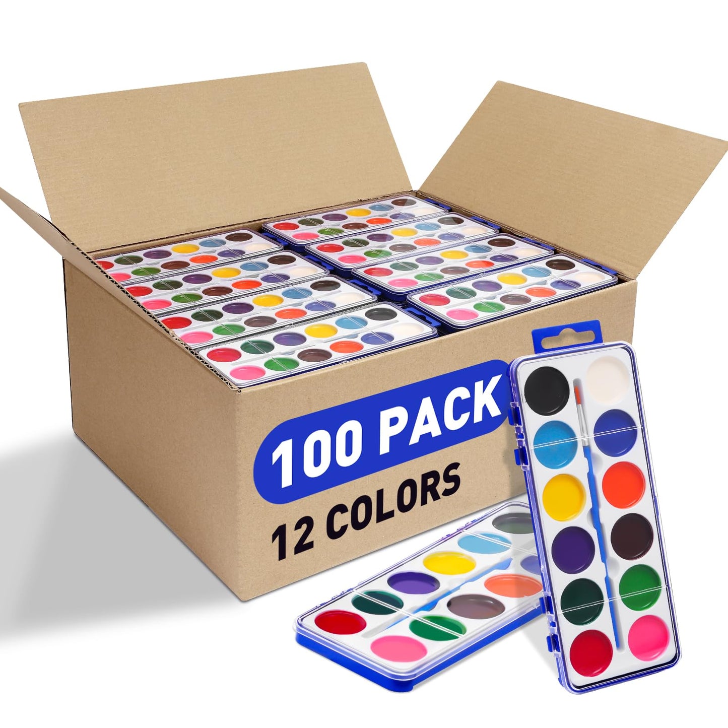 FUMILE 100 Pack Watercolor Paint Set for Kids — 12 Colors + Brush | Party Favors & Classroom Supplies