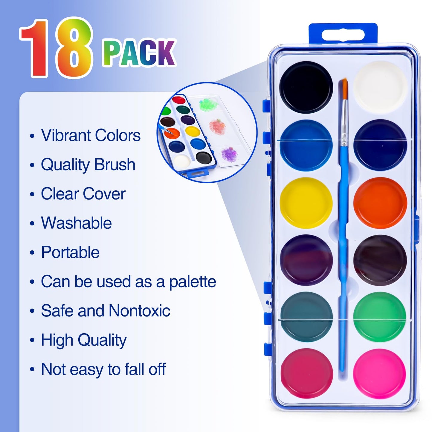 FUMILE 18-Pack Watercolor Paint Set for Kids – 12 Colors with Brush