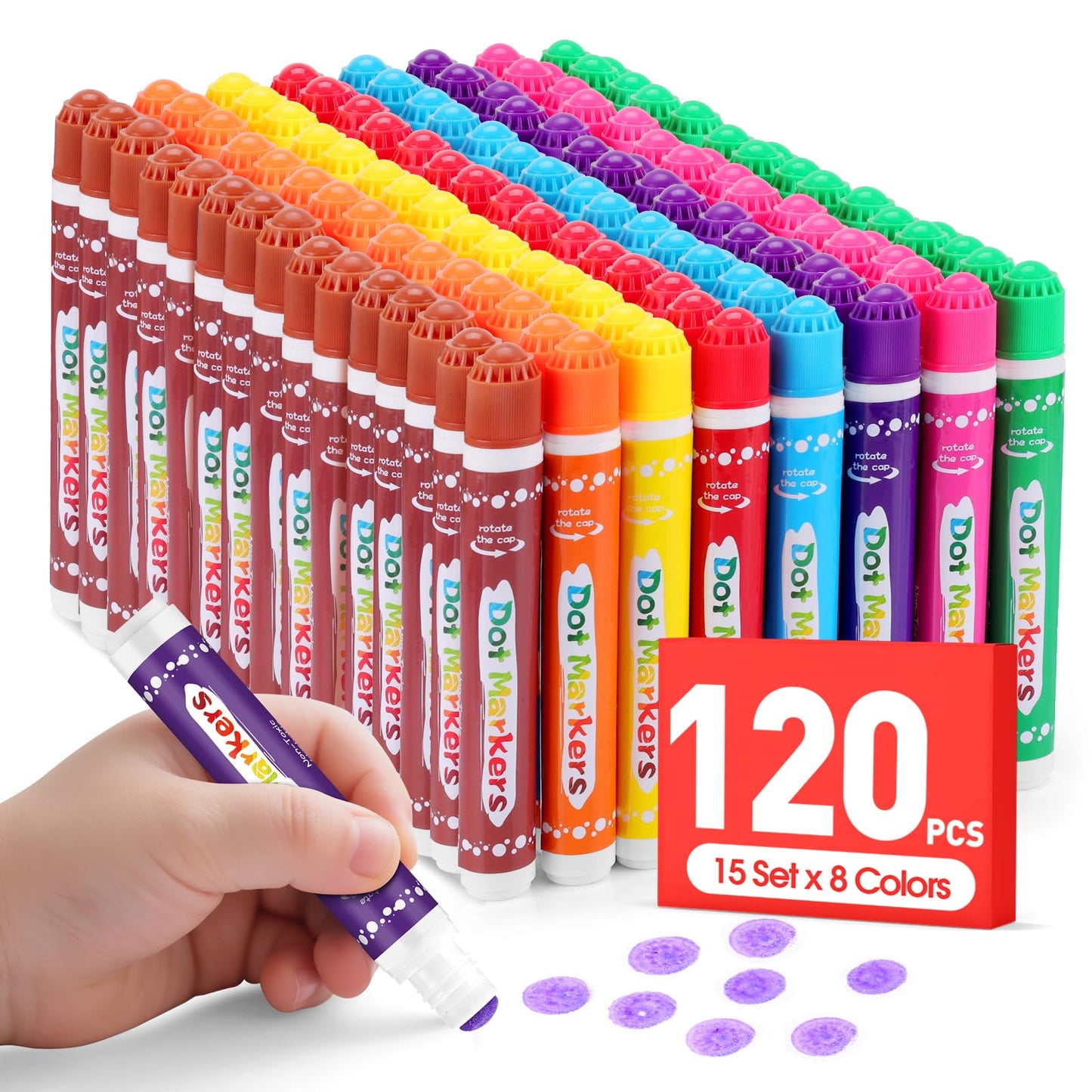 FUMILE 120 Pcs Dot Markers Bulk – 8-Color Bingo Daubers for Toddlers, Washable Art Supplies