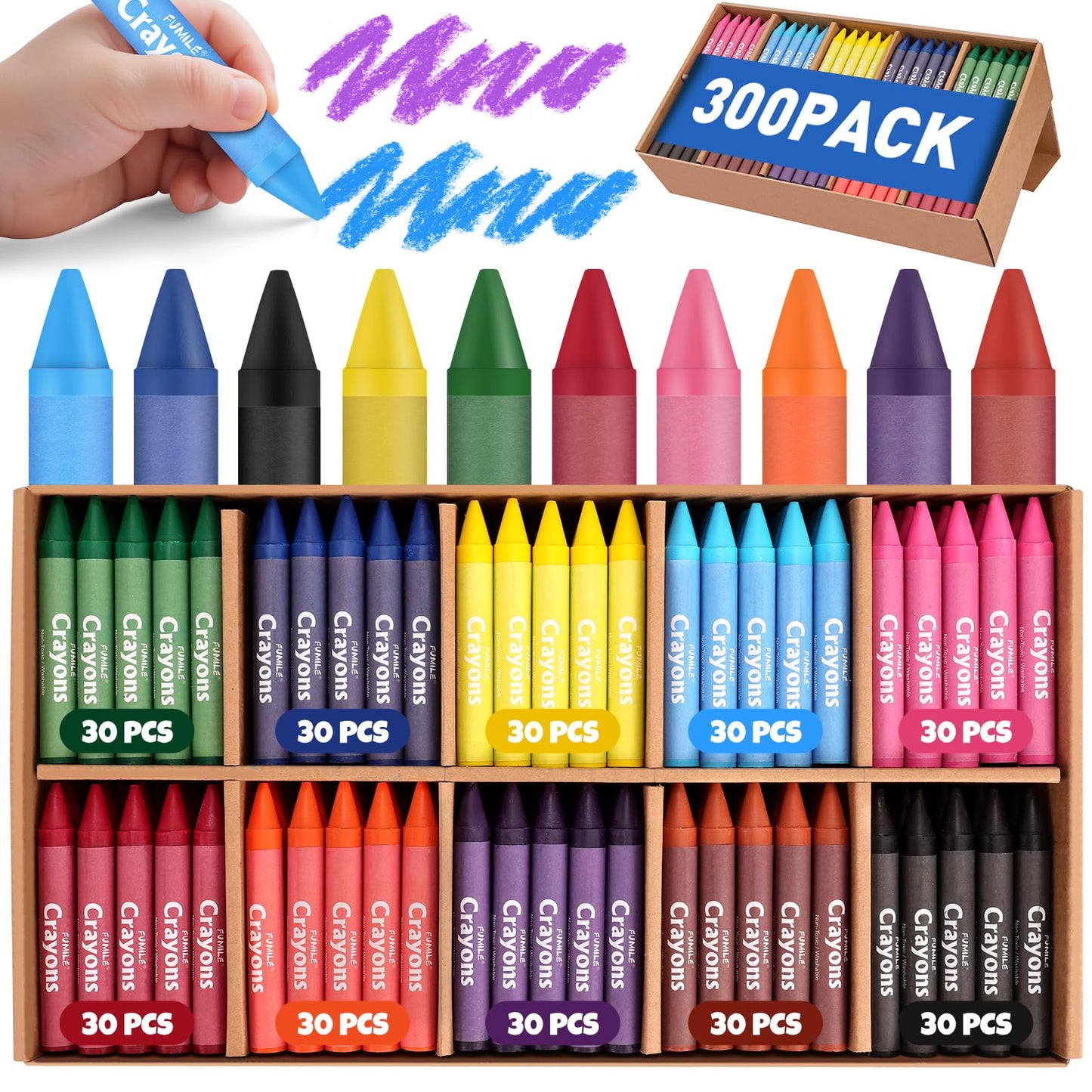 FUMILE 300-Pack Jumbo Crayons for Toddlers – Washable, Unbreakable, 10 Bright Colors