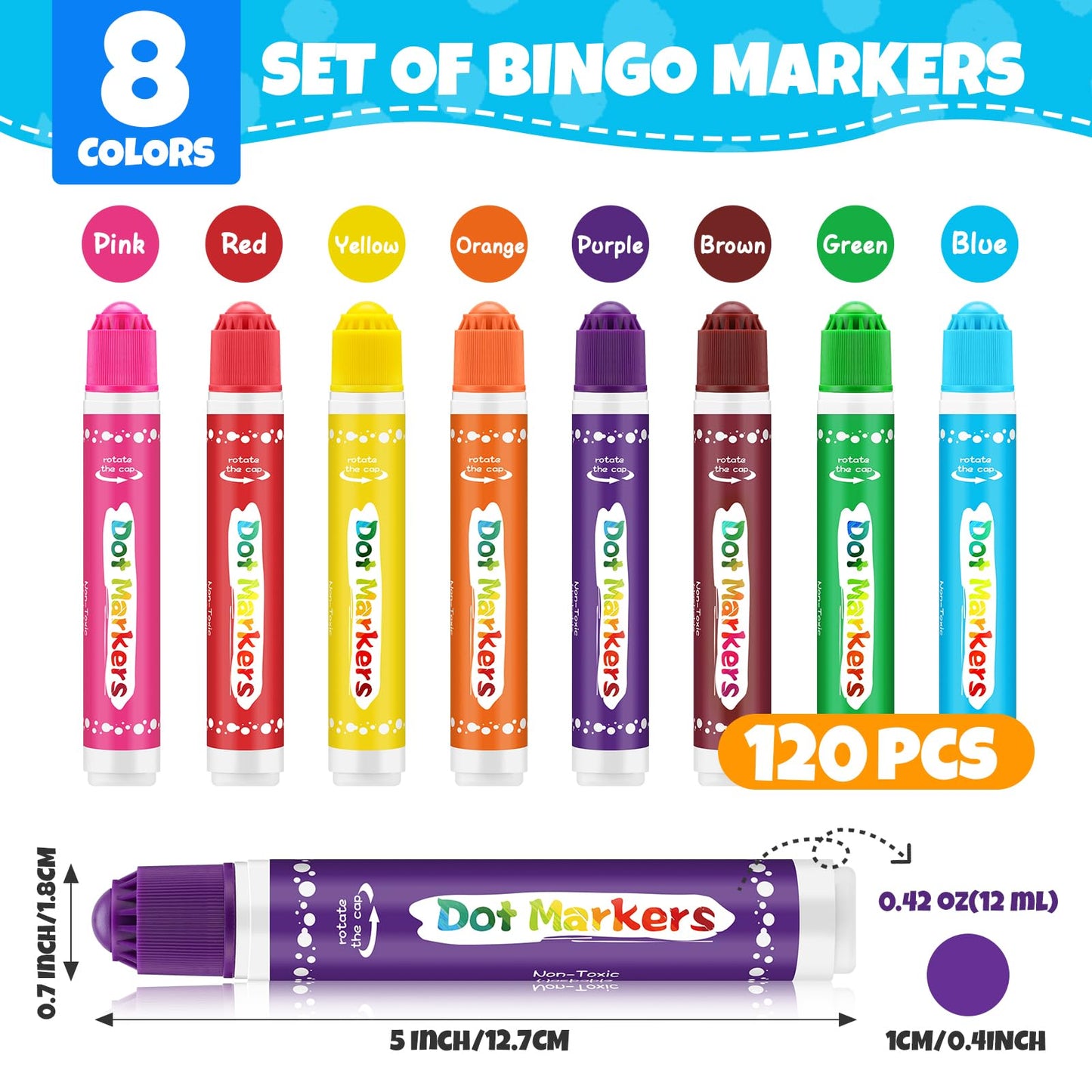 FUMILE 120 Pcs Dot Markers Bulk – 8-Color Bingo Daubers for Toddlers, Washable Art Supplies