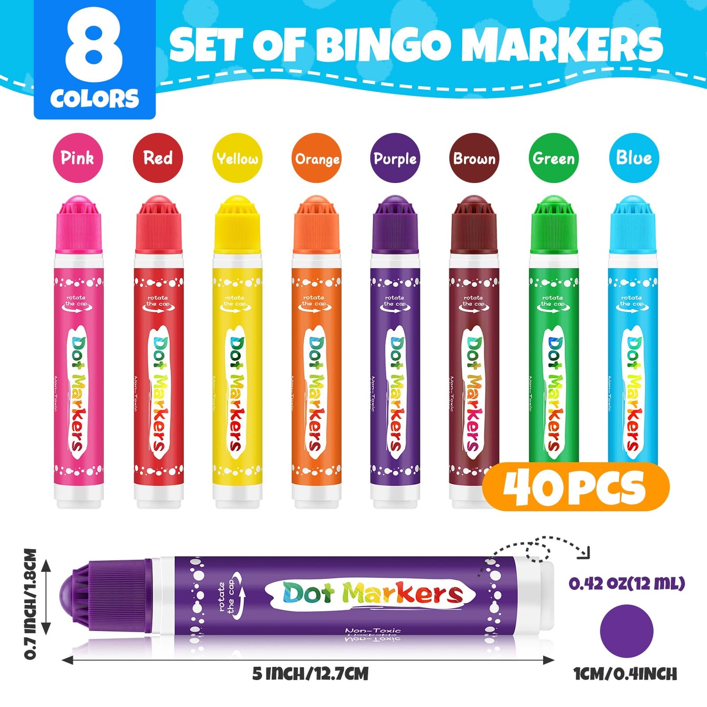 FUMILE 40 Pcs Dot Markers for Toddlers – 8 Colors, Washable & Non-Toxic