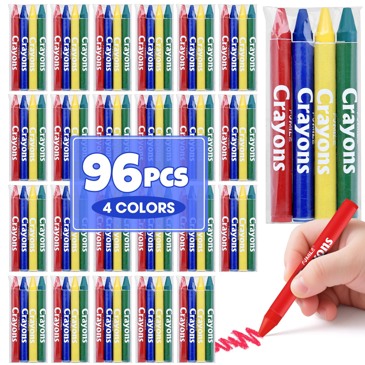 FUMILE 96-Count Crayons: 24 Bulk Packs, 4-Color Mini Crayons, Non-Toxic for Kids