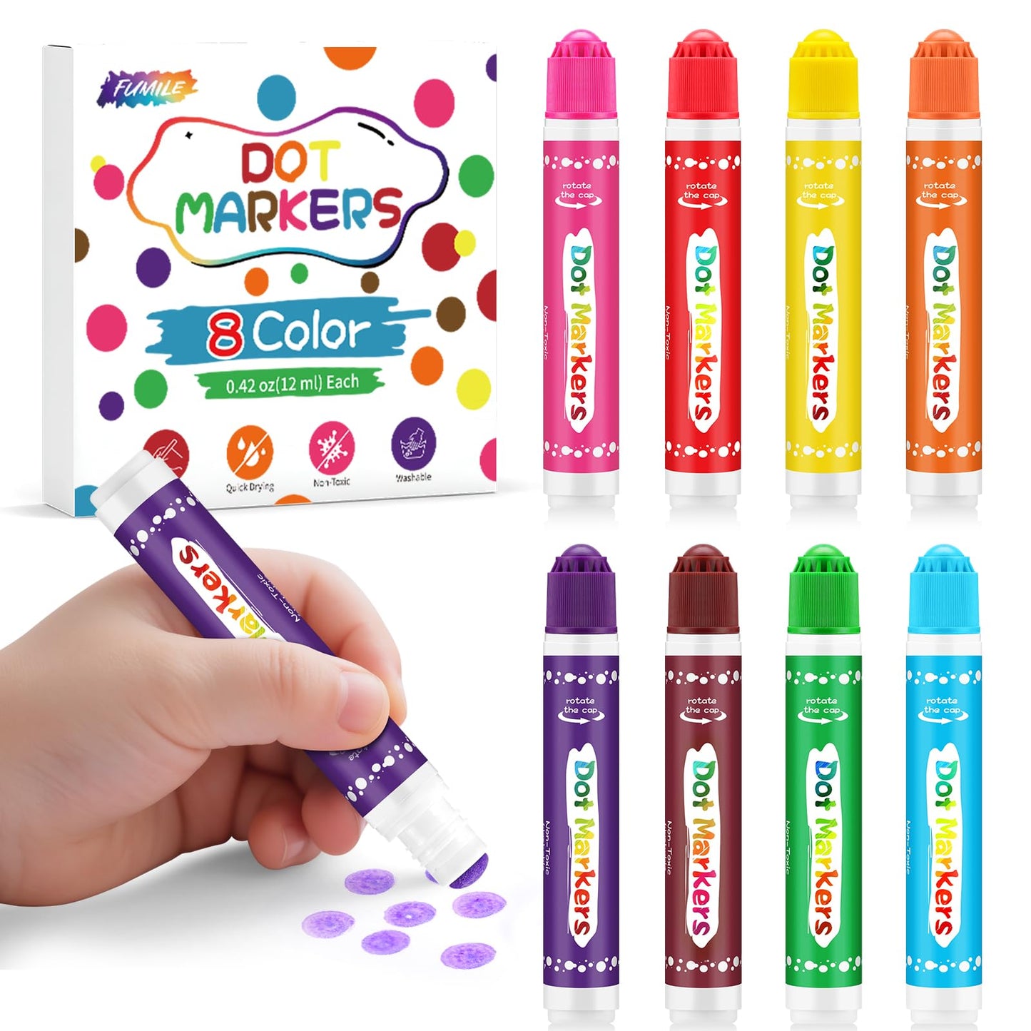 FUMILE Dot Markers for Toddlers – 8-Pack Non-Toxic Washable Bingo Dots