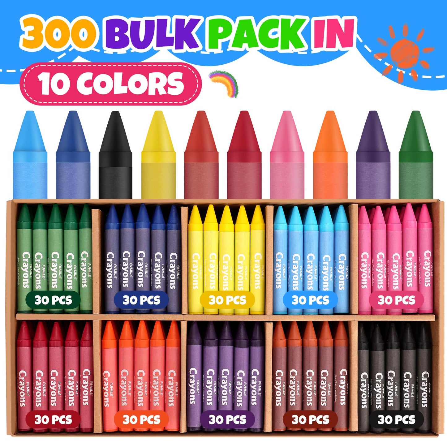FUMILE 300-Pack Jumbo Crayons for Toddlers – Washable, Unbreakable, 10 Bright Colors
