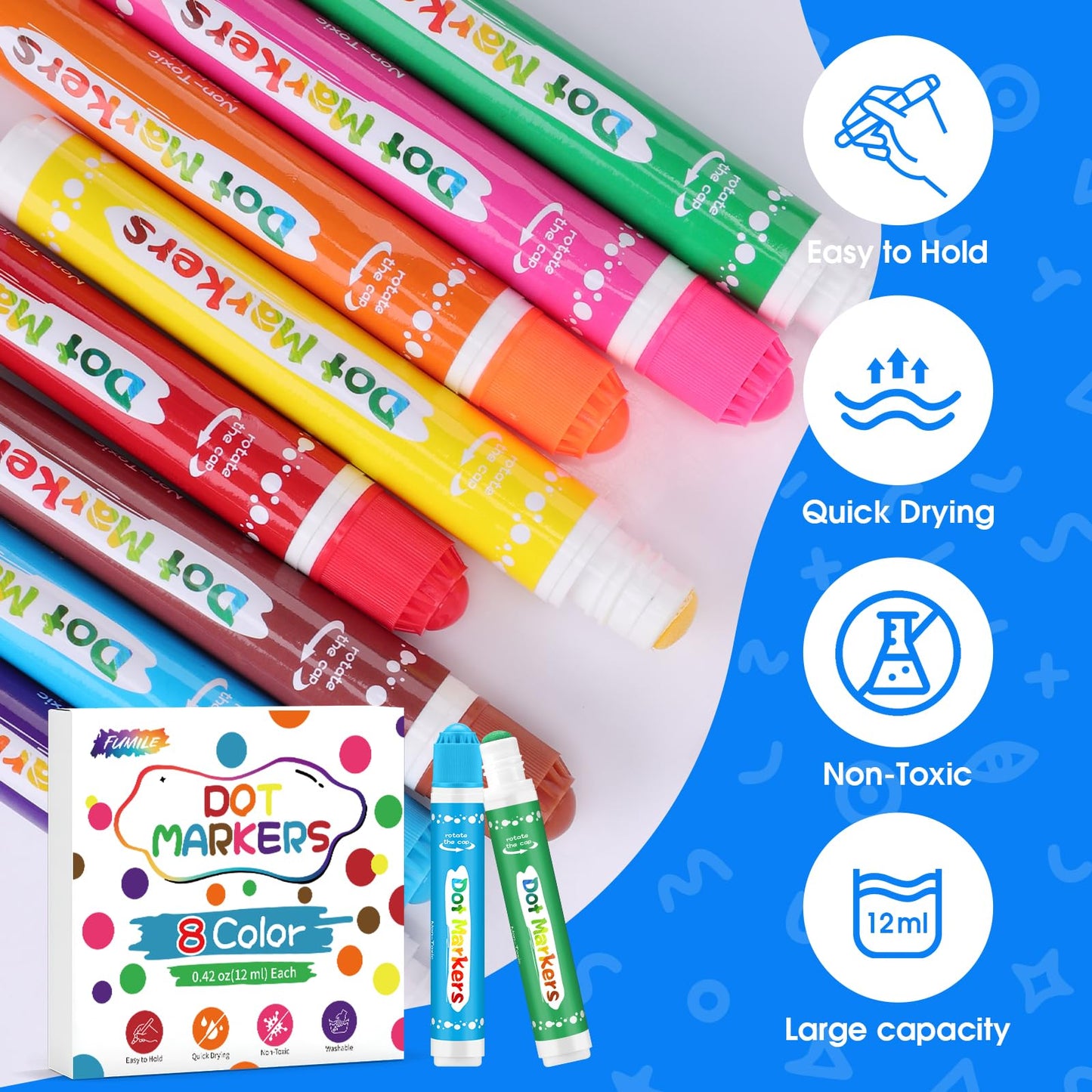 FUMILE 120 Pcs Dot Markers Bulk – 8-Color Bingo Daubers for Toddlers, Washable Art Supplies