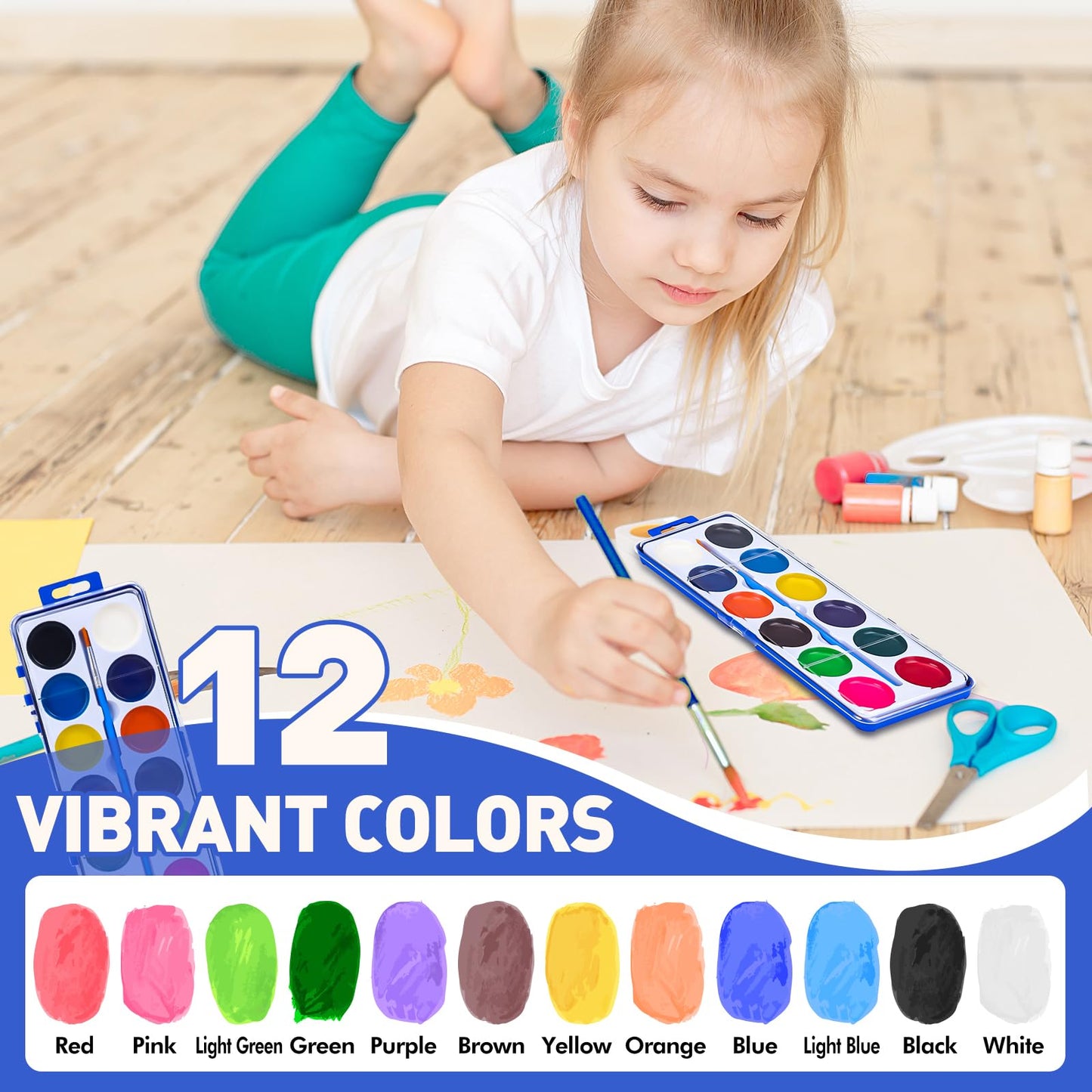 FUMILE 18-Pack Watercolor Paint Set for Kids – 12 Colors with Brush