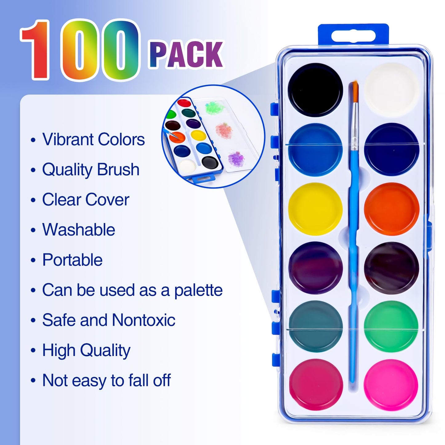 FUMILE 100 Pack Watercolor Paint Set for Kids — 12 Colors + Brush | Party Favors & Classroom Supplies