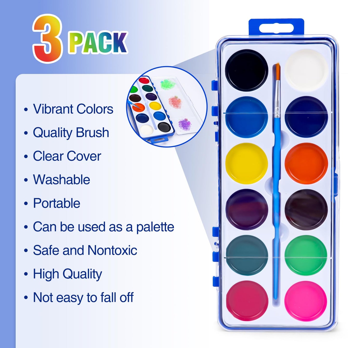 FUMILE 3 Pack Watercolor Paint Set for Kids – 12 Colors with Brush for Party & Classroom