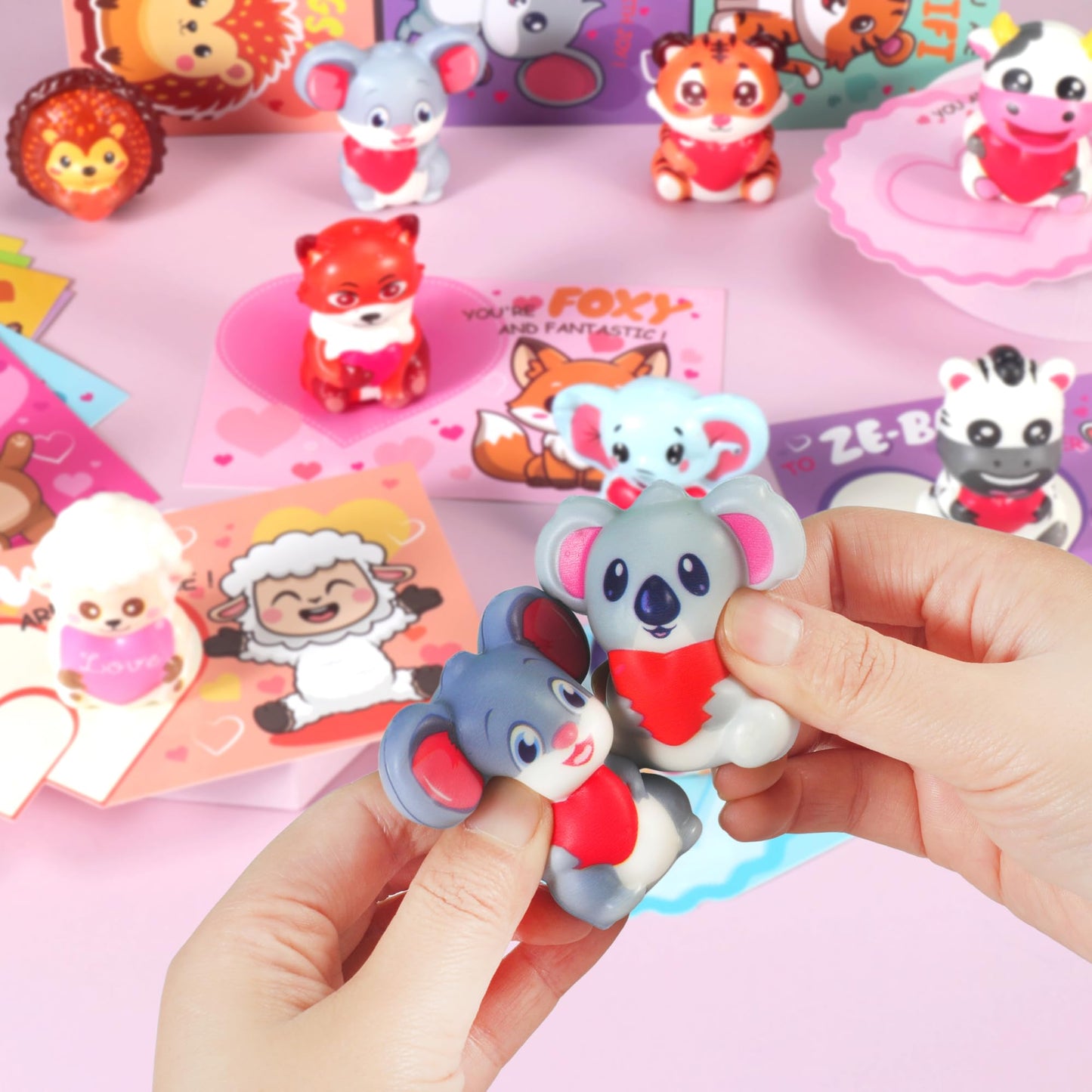 Fumogym 24Pcs Animal Heart Squishy Toys – Valentine Cards & Classroom Favors