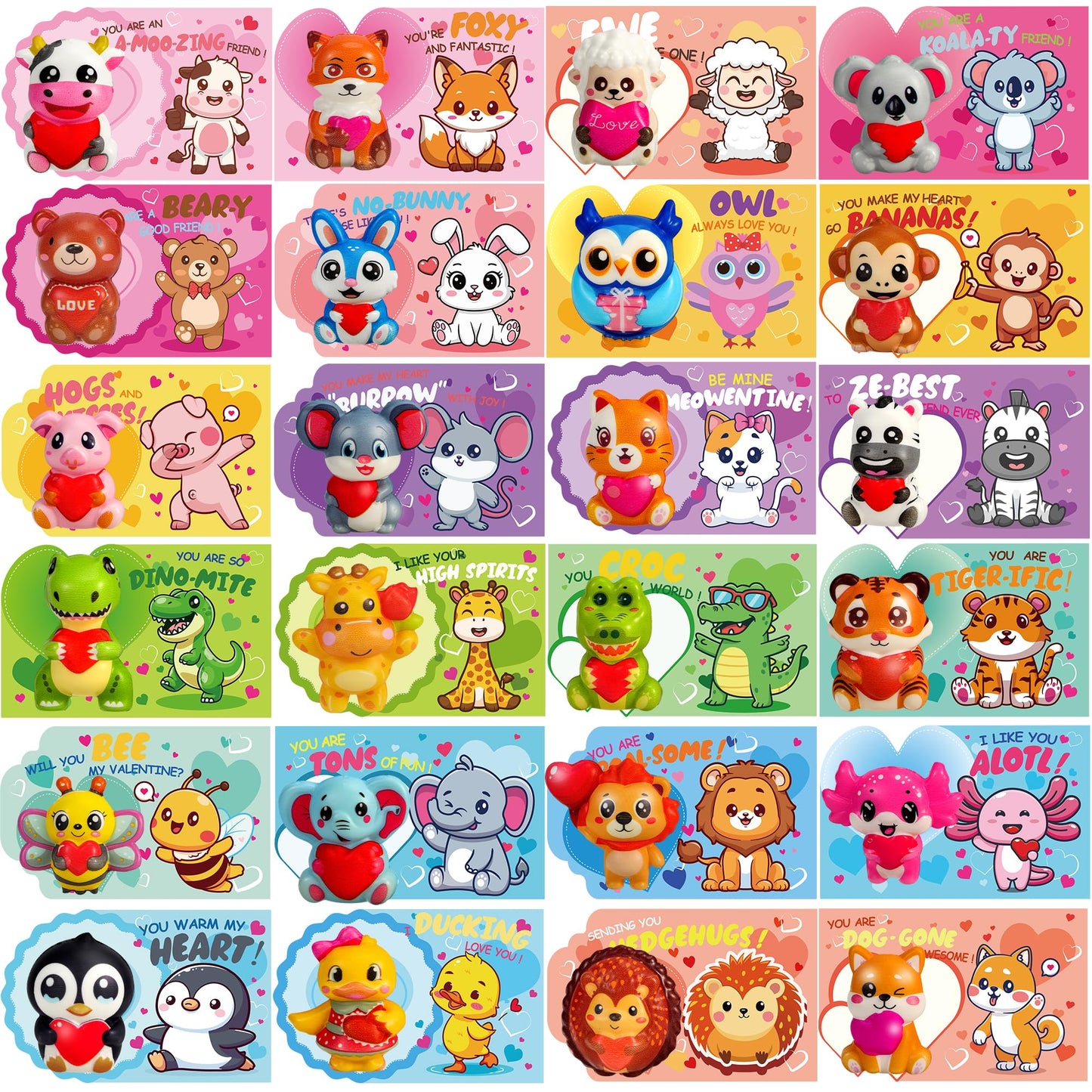 Fumogym 24Pcs Animal Heart Squishy Toys – Valentine Cards & Classroom Favors
