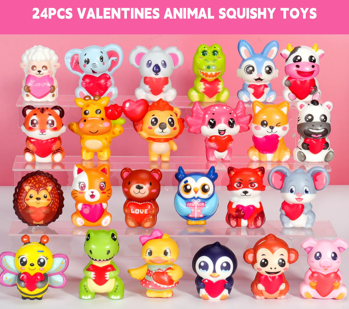 Fumogym 24Pcs Animal Heart Squishy Toys – Valentine Cards & Classroom Favors