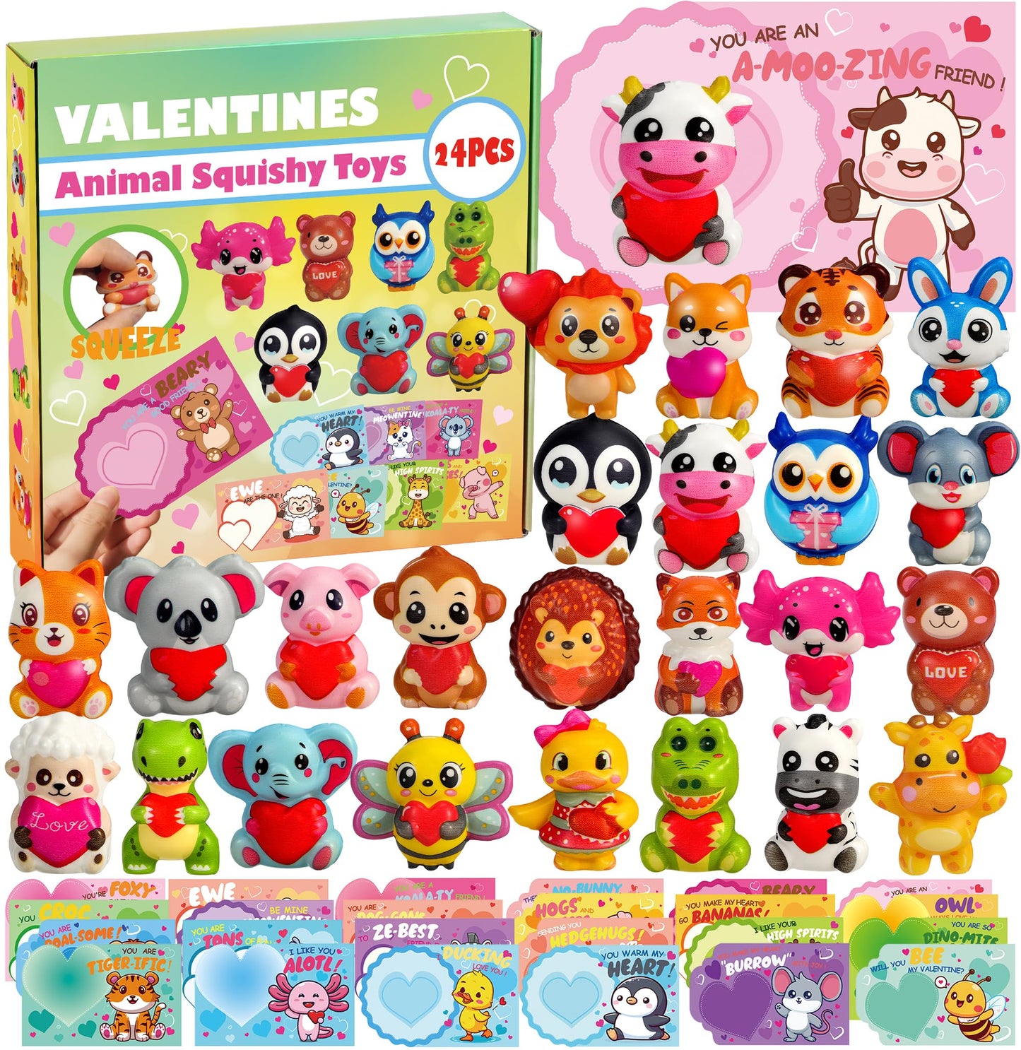 Fumogym 24Pcs Animal Heart Squishy Toys – Valentine Cards & Classroom Favors