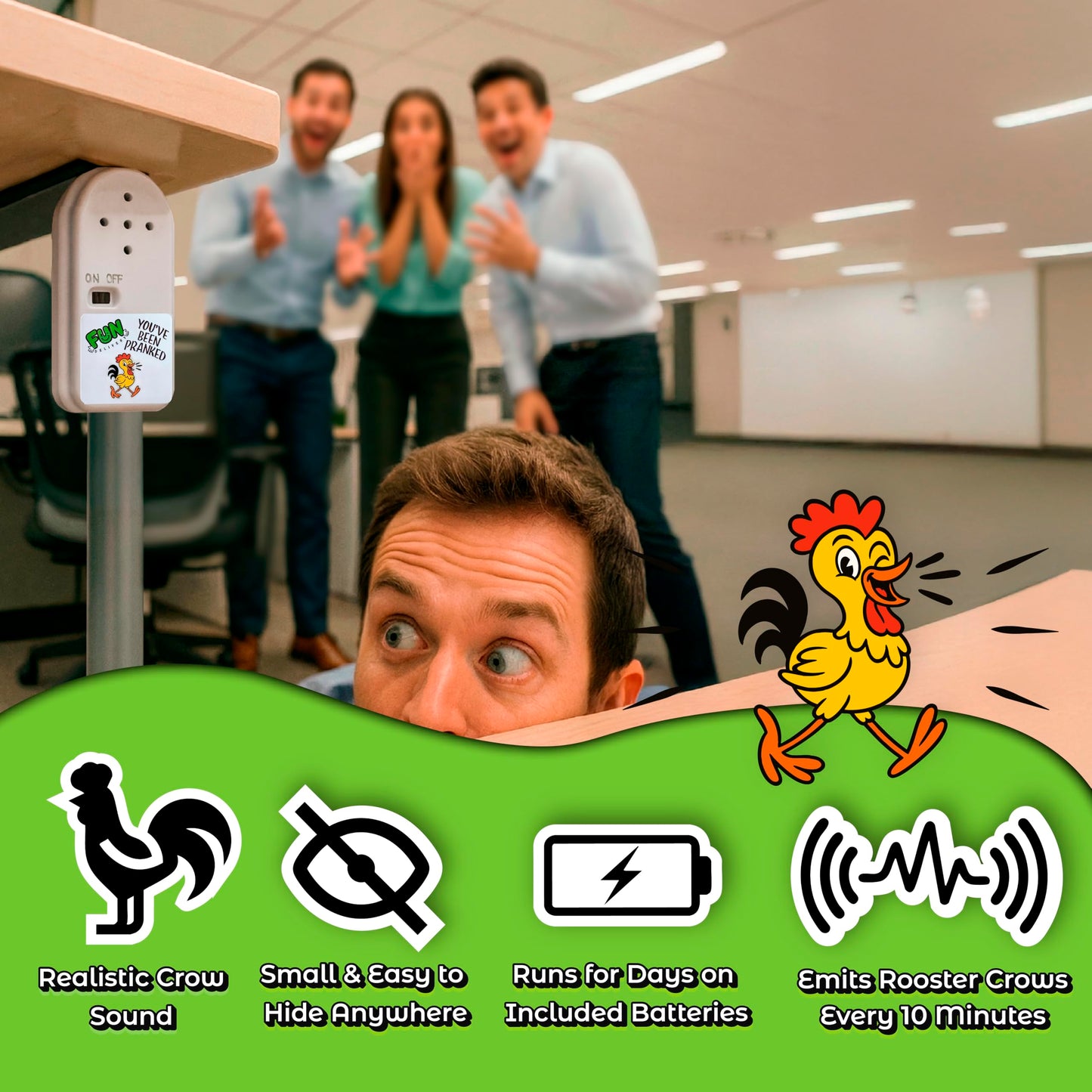 FUN delivery Rooster Sucker – Hidden Crow Prank Device with Random Intervals