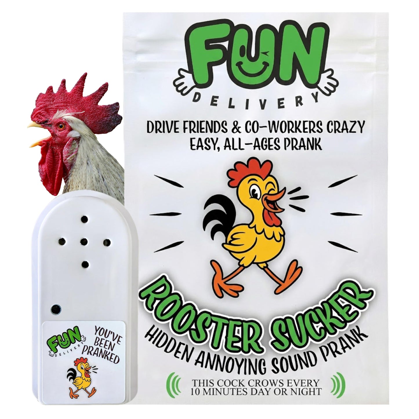 FUN delivery Rooster Sucker – Hidden Crow Prank Device with Random Intervals