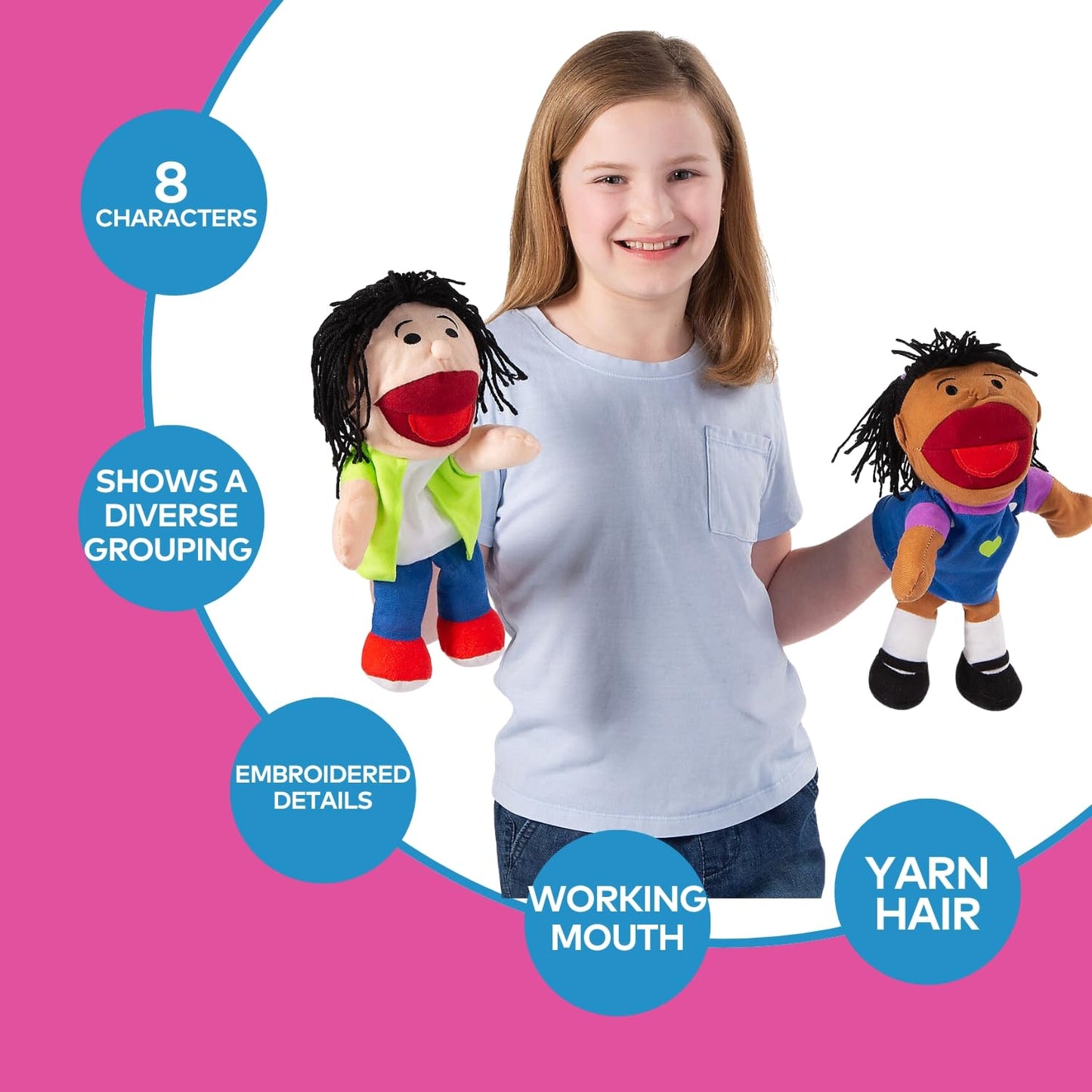 Fun Express Hand Puppets for Kids — Multicultural 8-Puppet Set with Movable Mouths