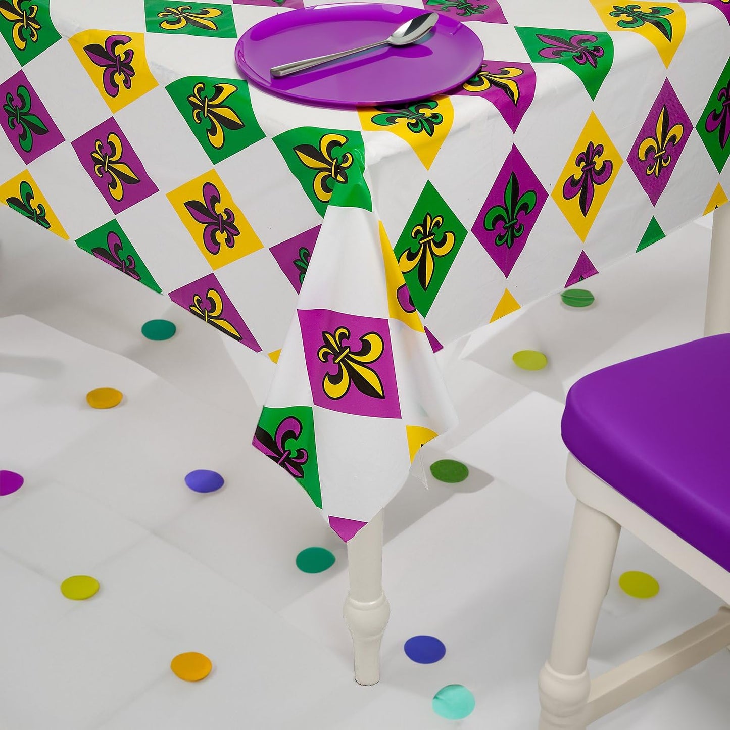 Fun Express Mardi Gras Tablecloth Roll - 40" x 100 ft | Disposable Party Table Cover