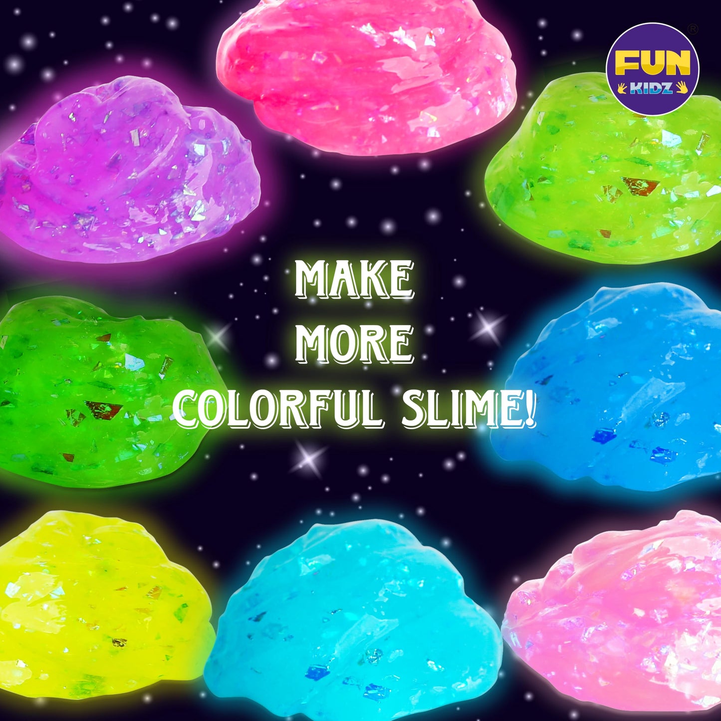 FUN KIDZ Glow in the Dark Slime Kit – 1040 ml, 8 Neon Colors, Soft Non-Sticky Slime for Kids 6+
