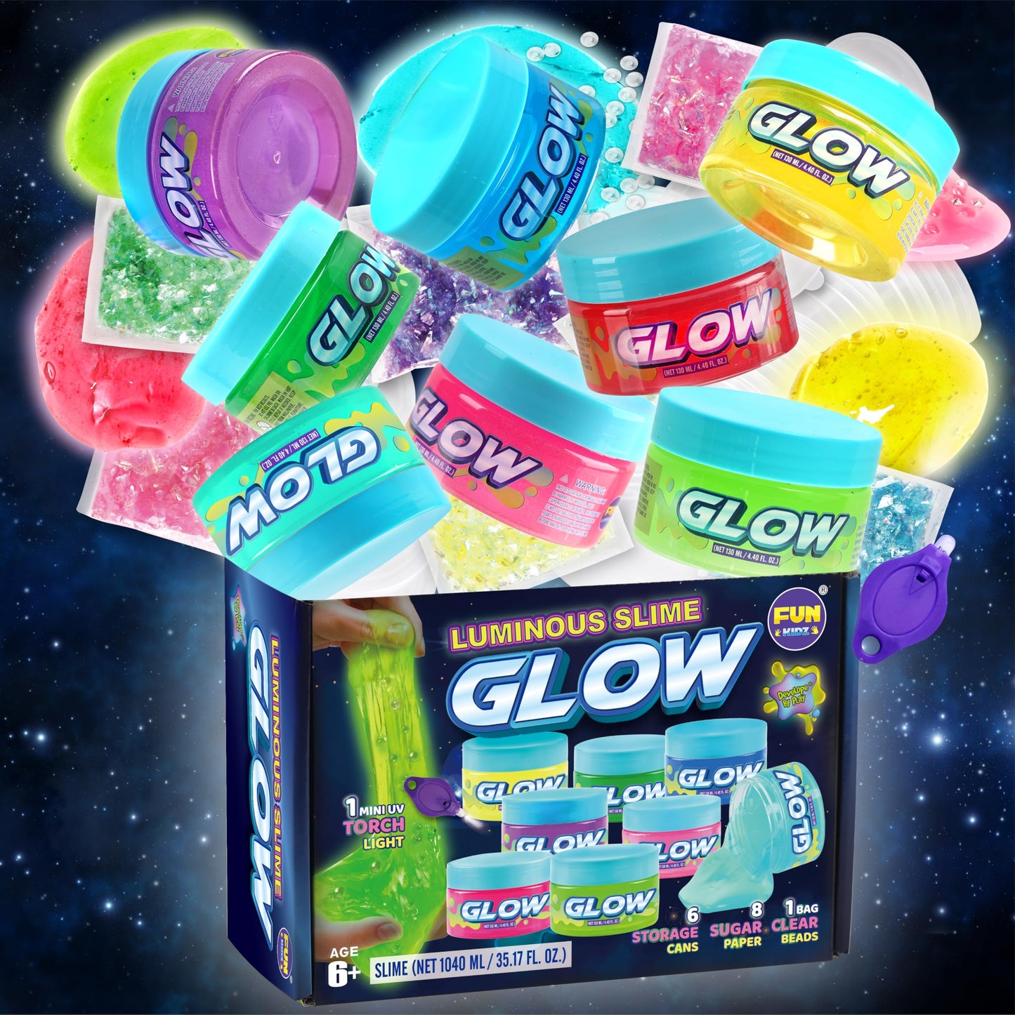 FUN KIDZ Glow in the Dark Slime Kit – 1040 ml, 8 Neon Colors, Soft Non-Sticky Slime for Kids 6+