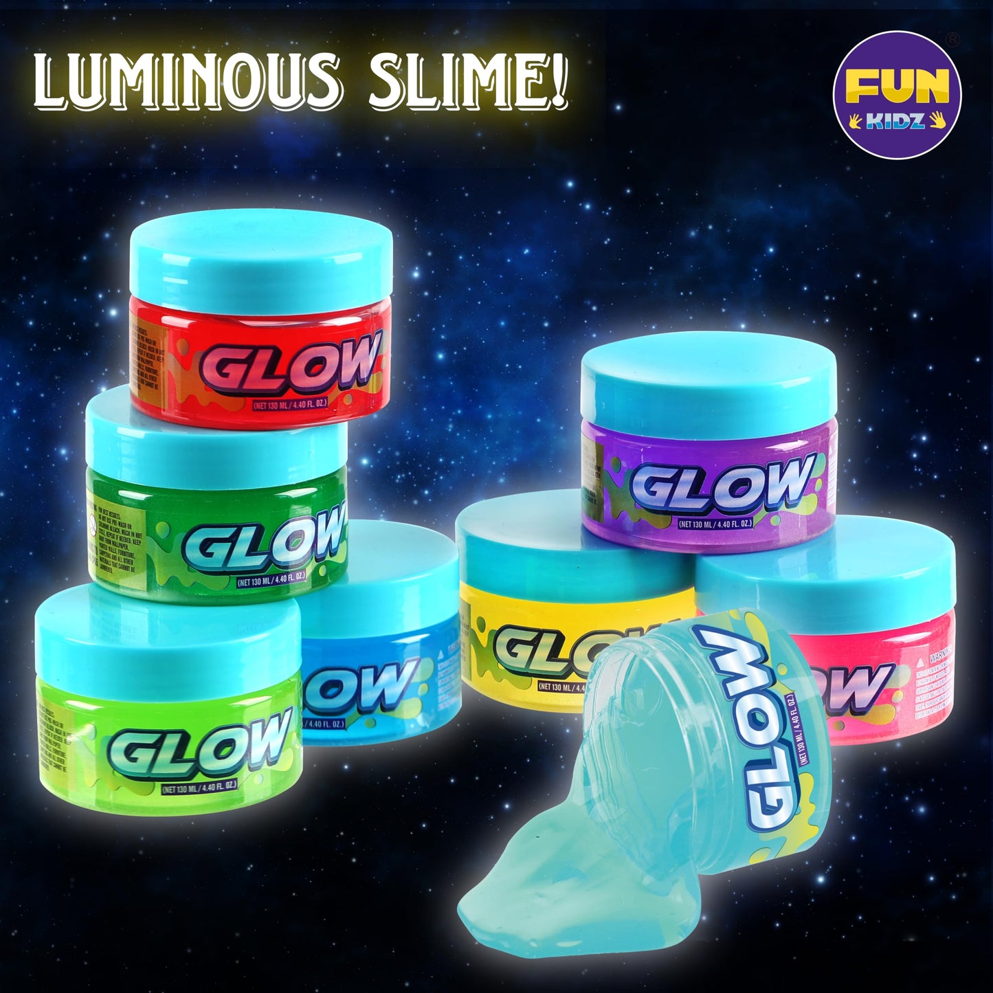FUN KIDZ Glow in the Dark Slime Kit – 1040 ml, 8 Neon Colors, Soft Non-Sticky Slime for Kids 6+