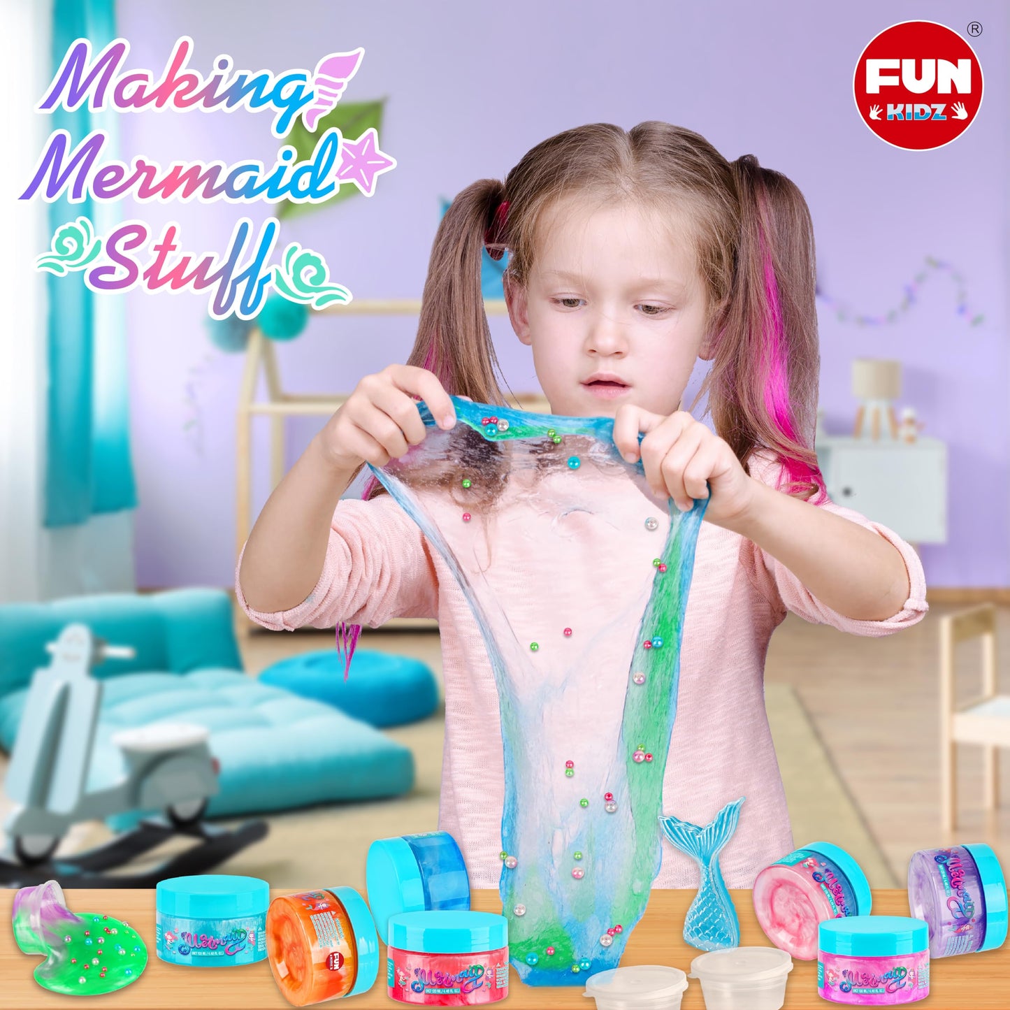 FunKidz Summer Mermaid Slime – 8 Jumbo Premade Glitter Slime Packs for Girls 6-8
