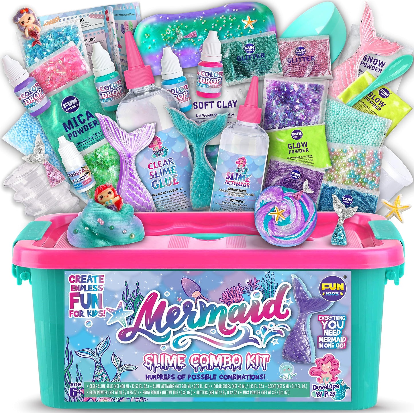 FunKidz Mermaid Slime Kit — Summer Gift for Girls 8-12 | Shimmer DIY Glitter Slime