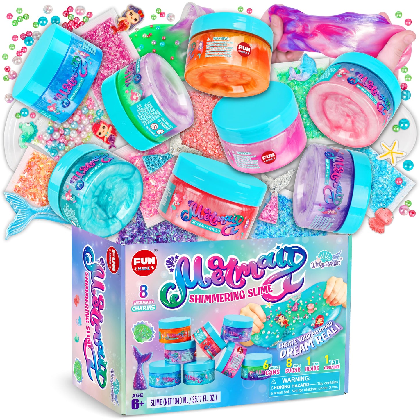 FunKidz Summer Mermaid Slime – 8 Jumbo Premade Glitter Slime Packs for Girls 6-8