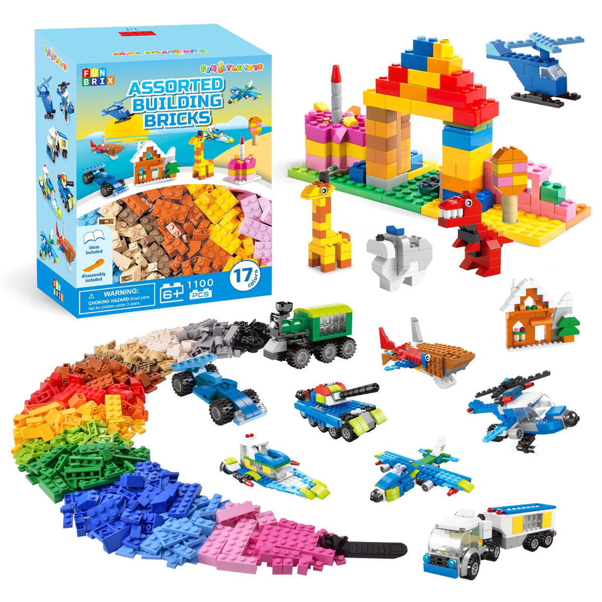 FUN LITTLE TOYS 1100 PCS Building Blocks for Kids 6-12 — 147 Shapes, 17 Colors, Baseplate Compatible Bulk Set