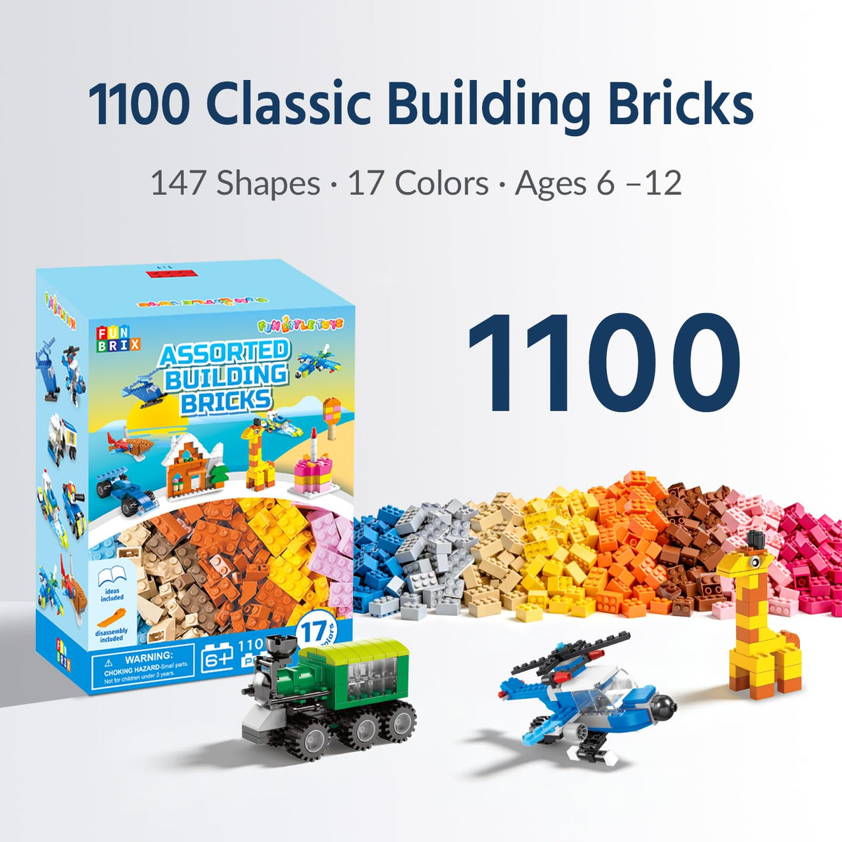 FUN LITTLE TOYS 1100 PCS Building Blocks for Kids 6-12 — 147 Shapes, 17 Colors, Baseplate Compatible Bulk Set