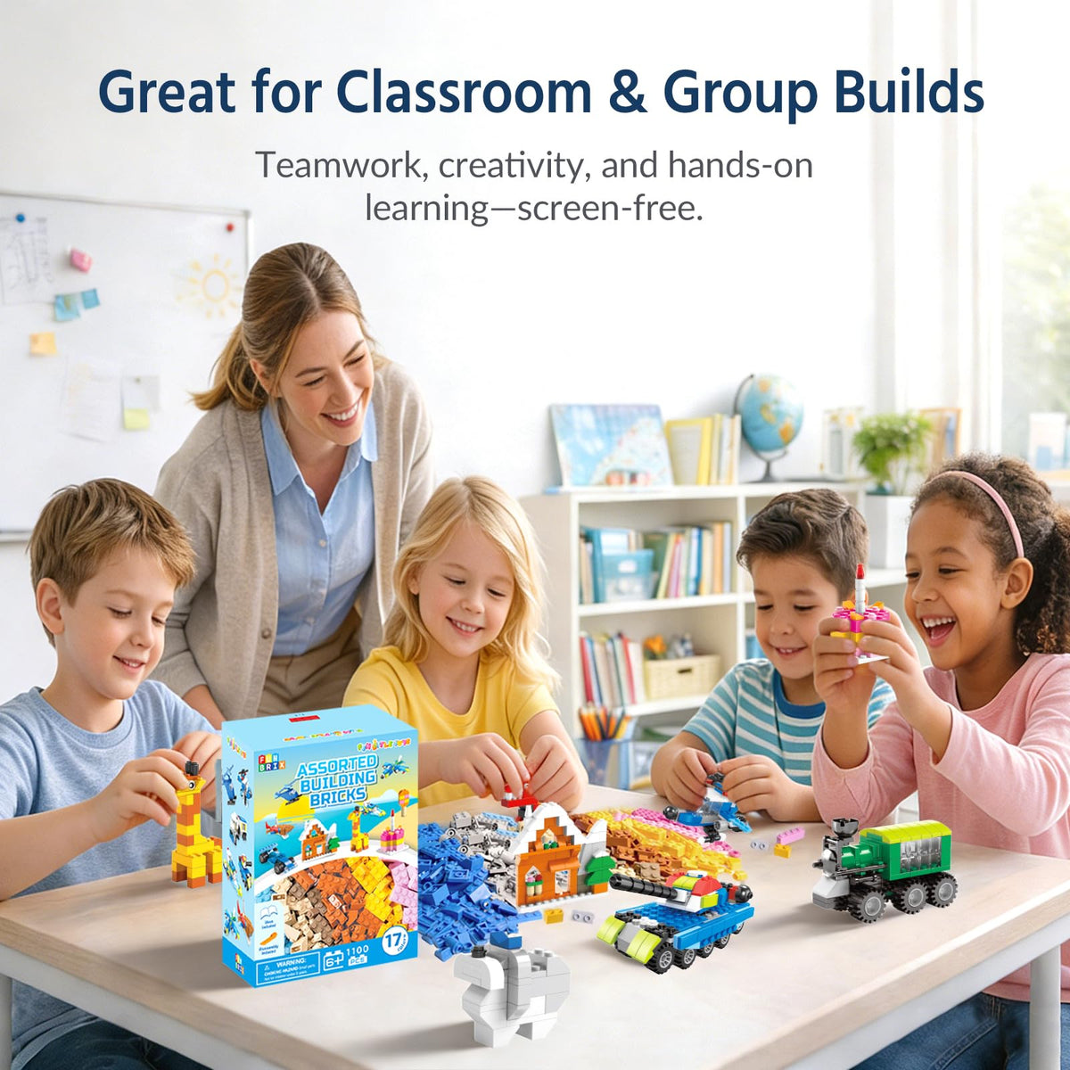 FUN LITTLE TOYS 1100 PCS Building Blocks for Kids 6-12 — 147 Shapes, 17 Colors, Baseplate Compatible Bulk Set